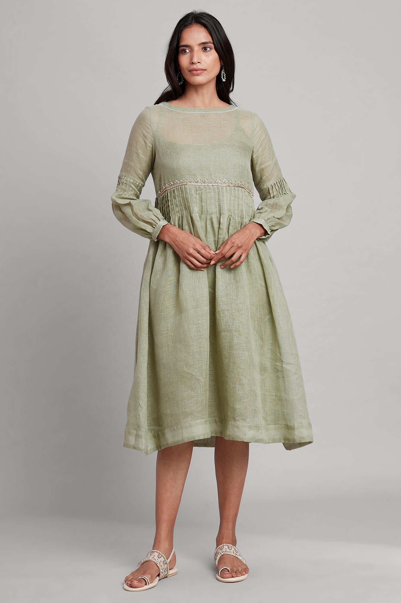 Green Linen Flared Dress