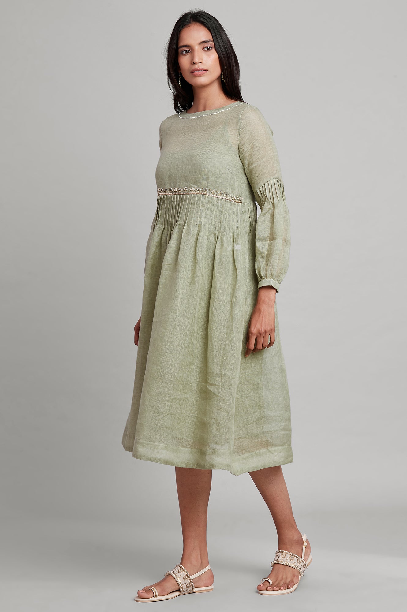 Green Linen Flared Dress