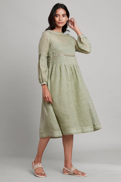 Green Linen Flared Dress