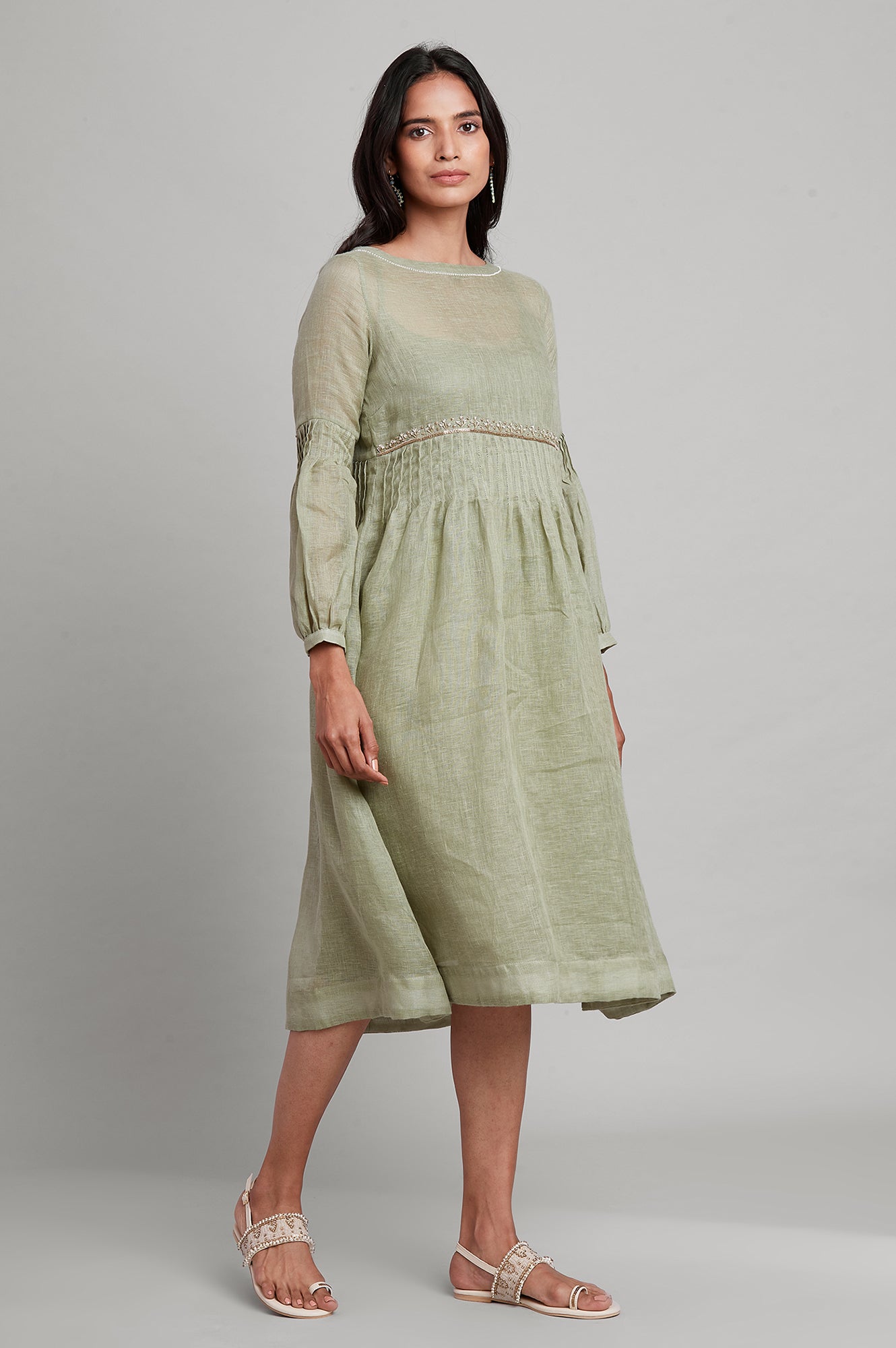 Green Linen Flared Dress