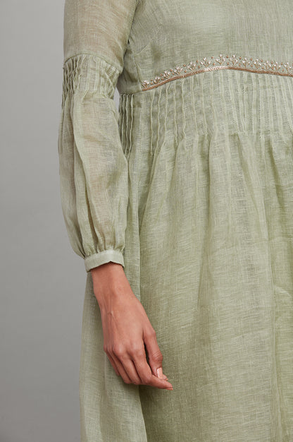 Green Linen Flared Dress