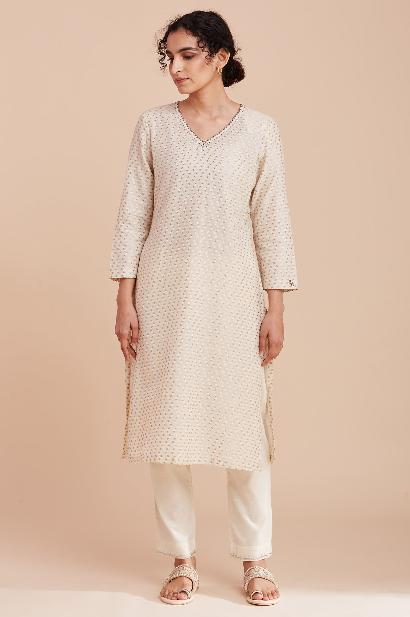 Ecru And Gold Jacquard kurta