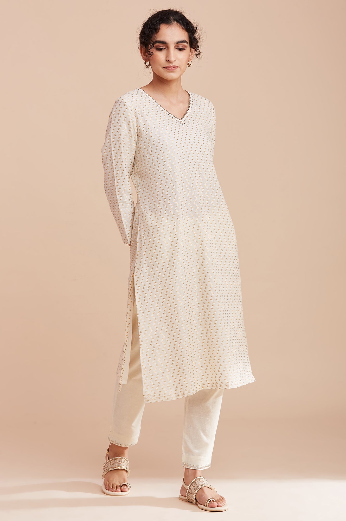 Ecru And Gold Jacquard kurta