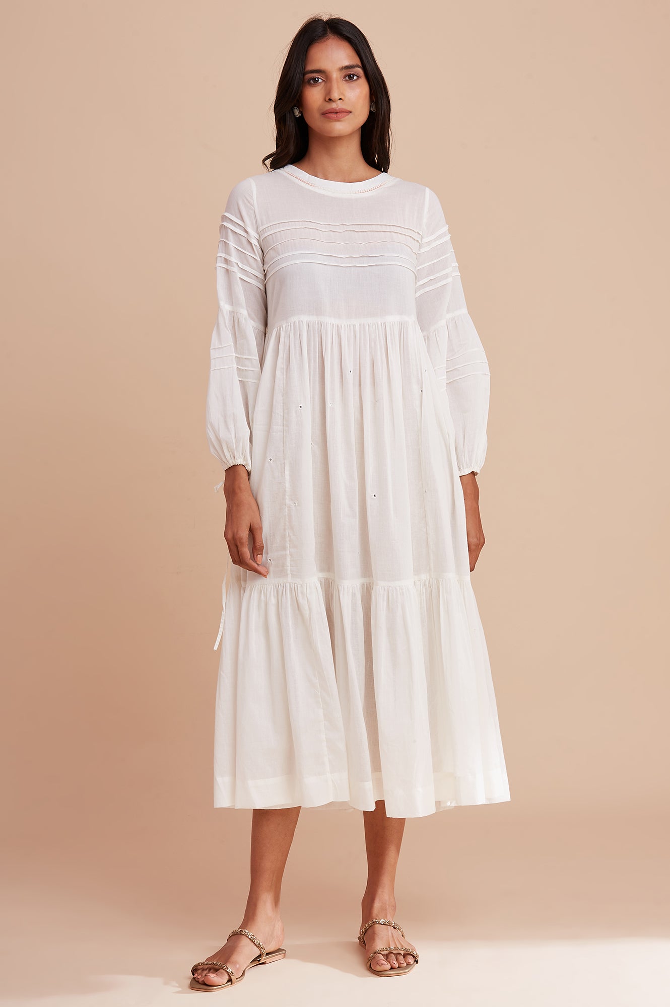 Ecru Cotton Gathered Dress