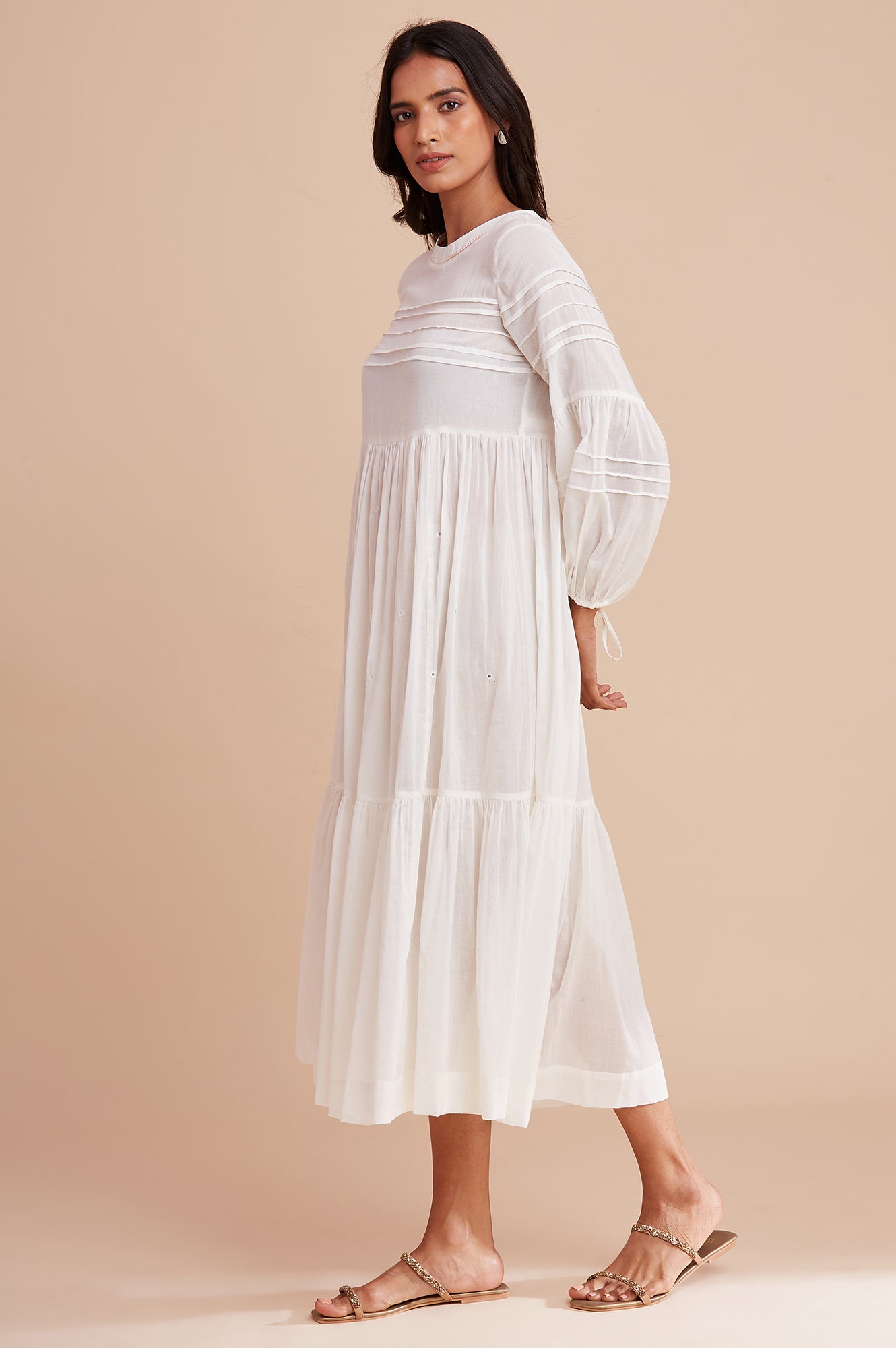 Ecru Cotton Gathered Dress