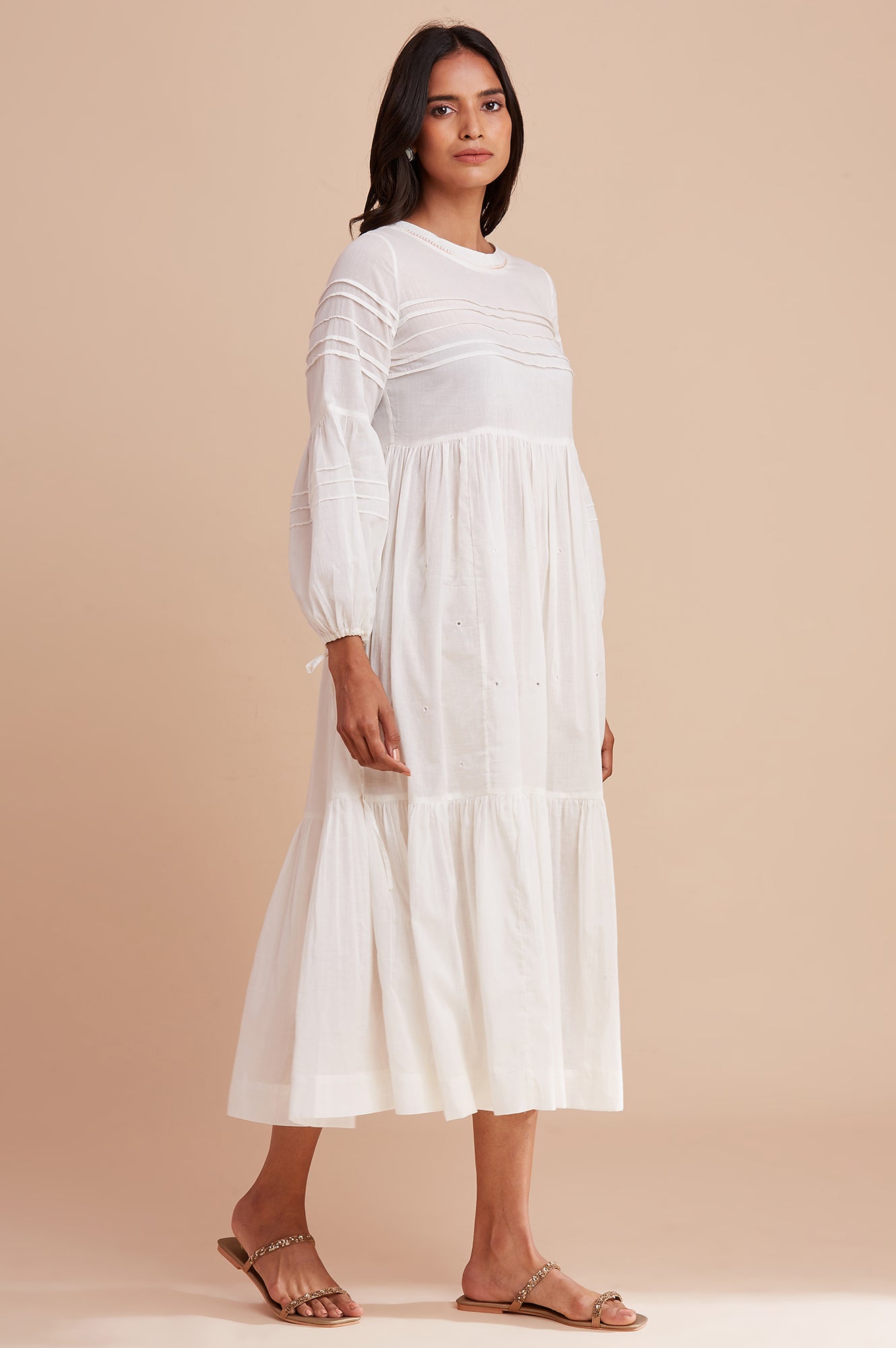 Ecru Cotton Gathered Dress