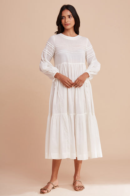 Ecru Cotton Gathered Dress