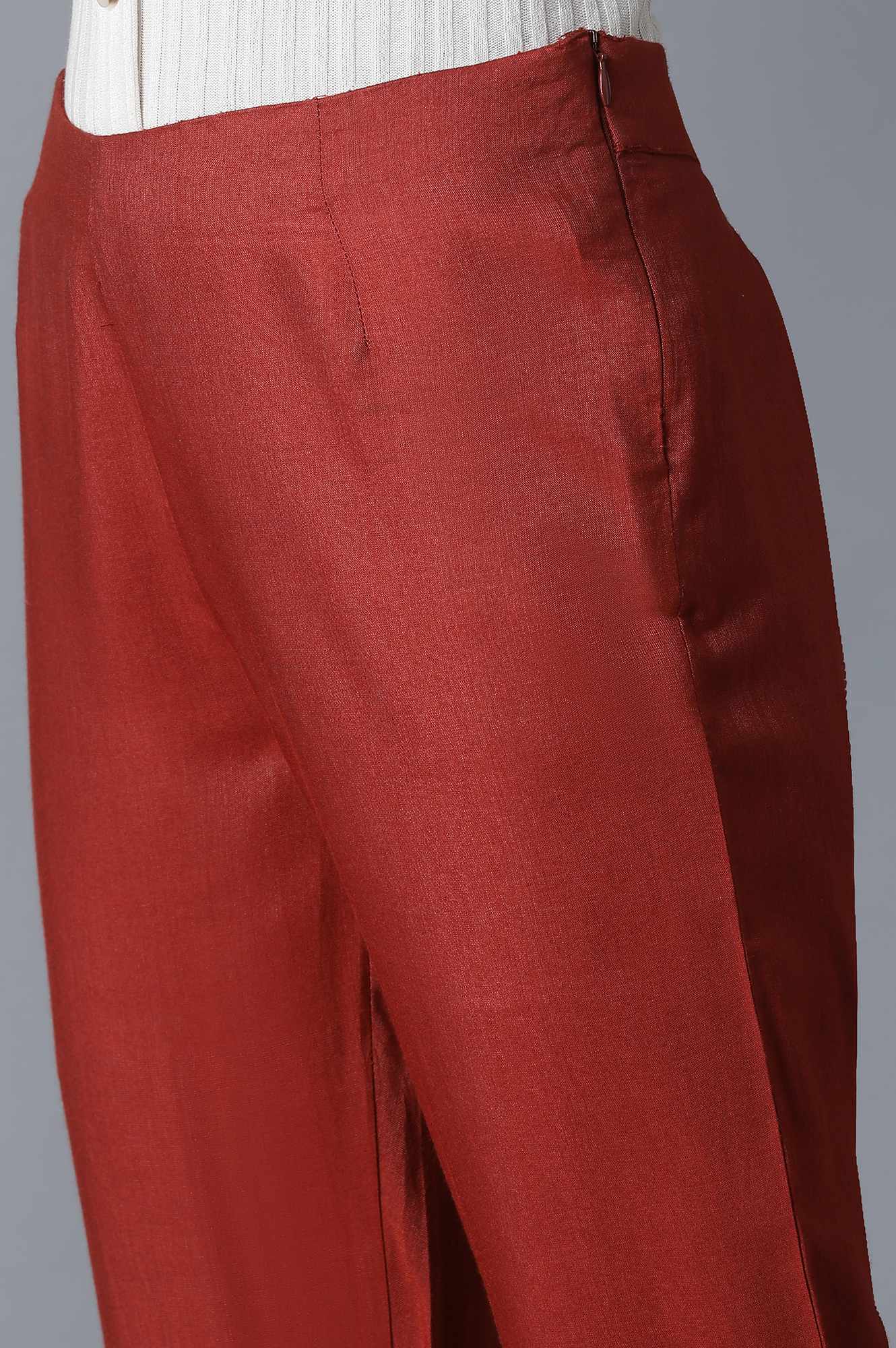 Dark Red Solid Slim Pants
