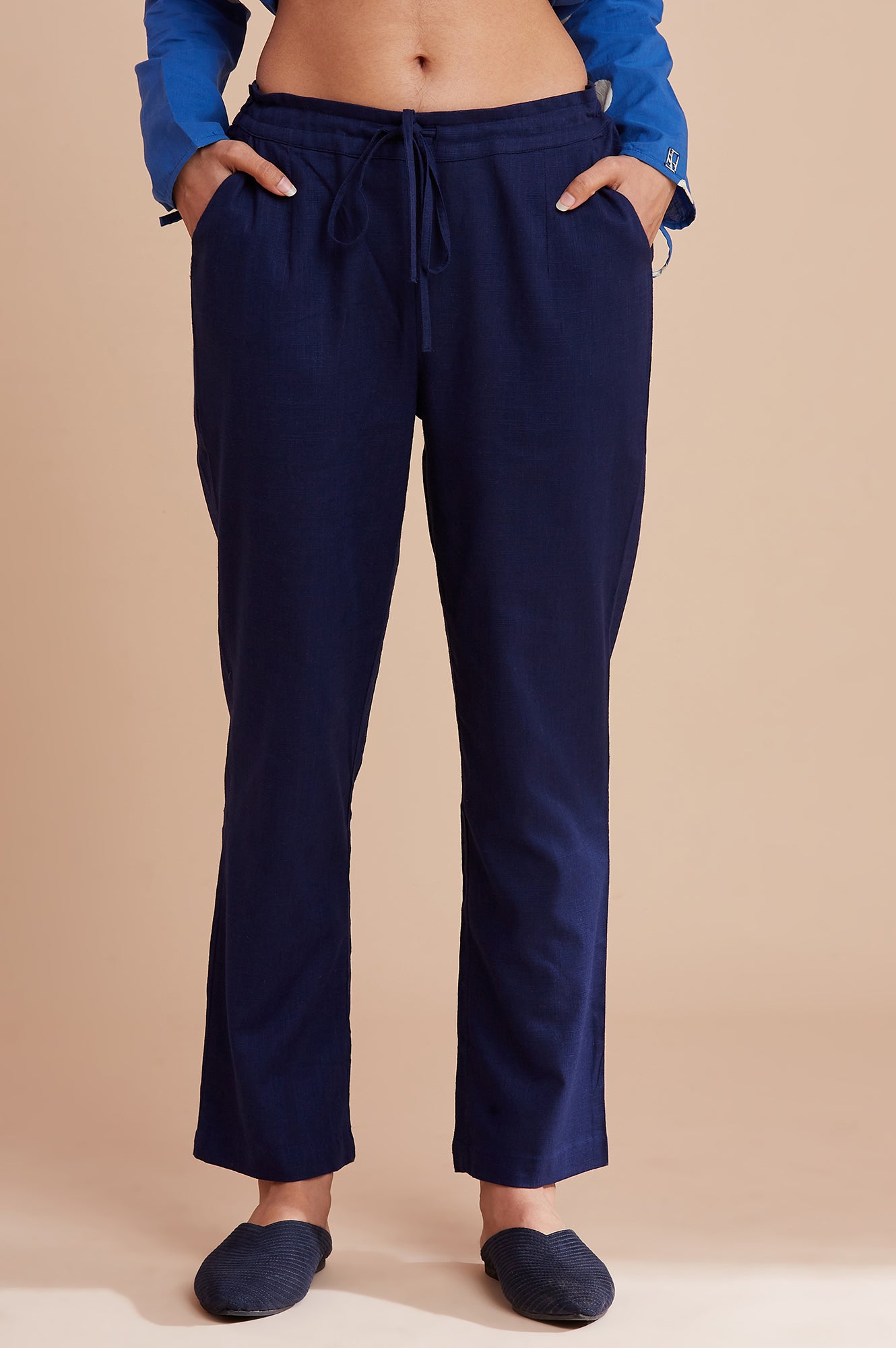 Dark Blue Solid Straight Pants