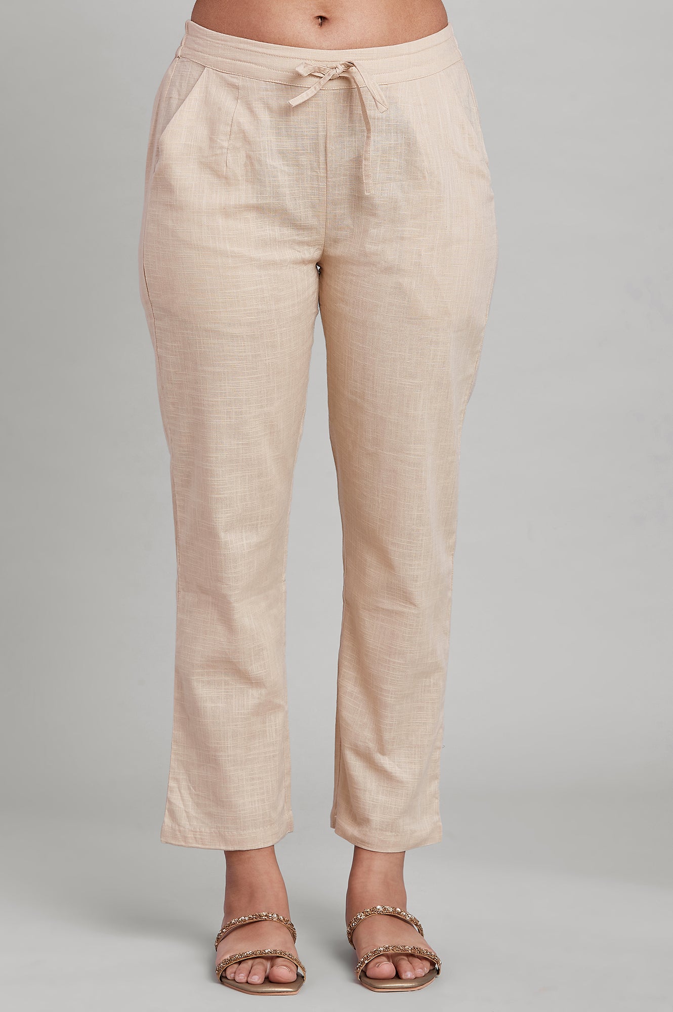 Beige Solid Straight Pants