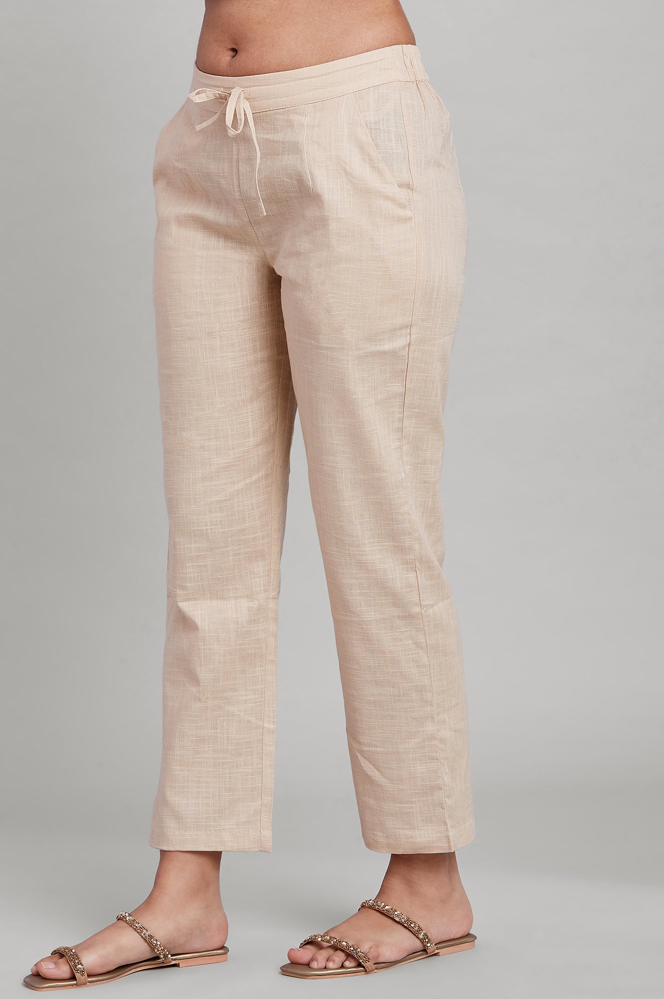 Beige Solid Straight Pants