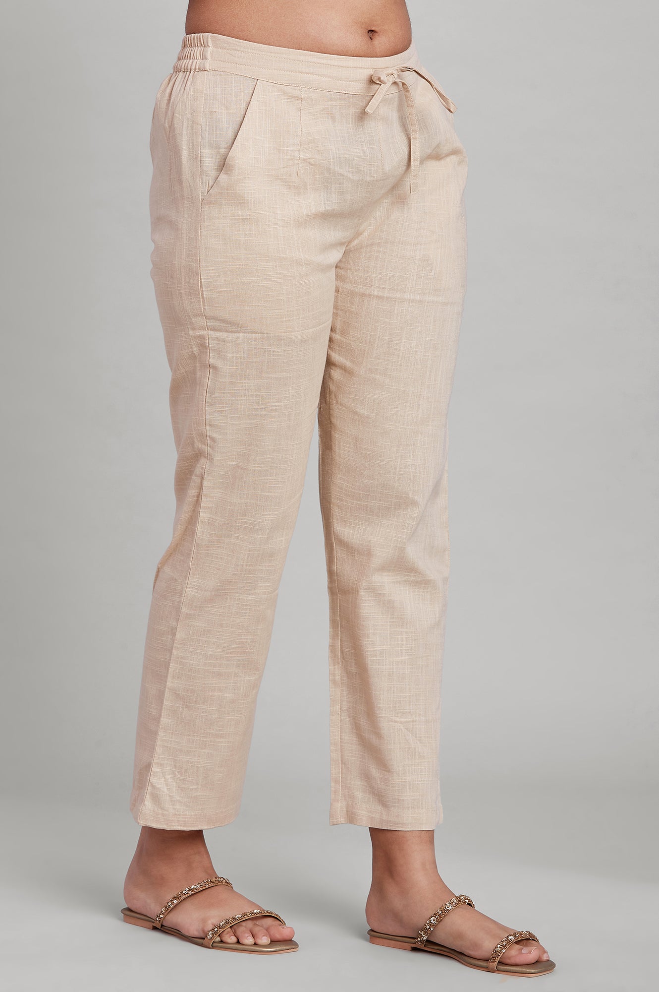 Beige Solid Straight Pants