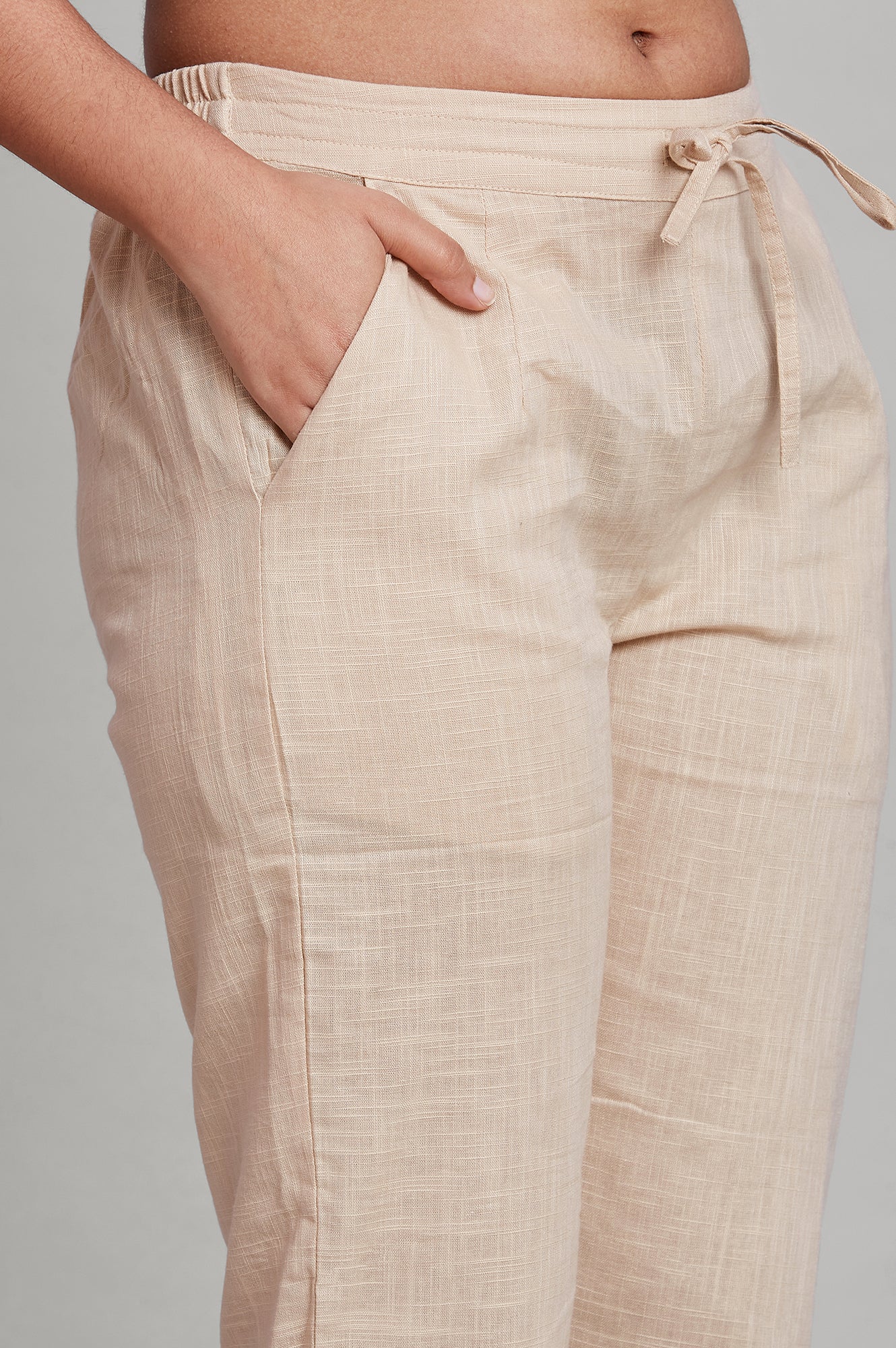 Beige Solid Straight Pants