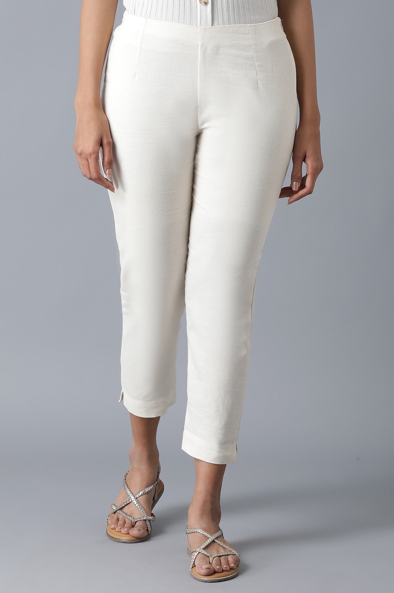 Ecru Solid Slim Pants