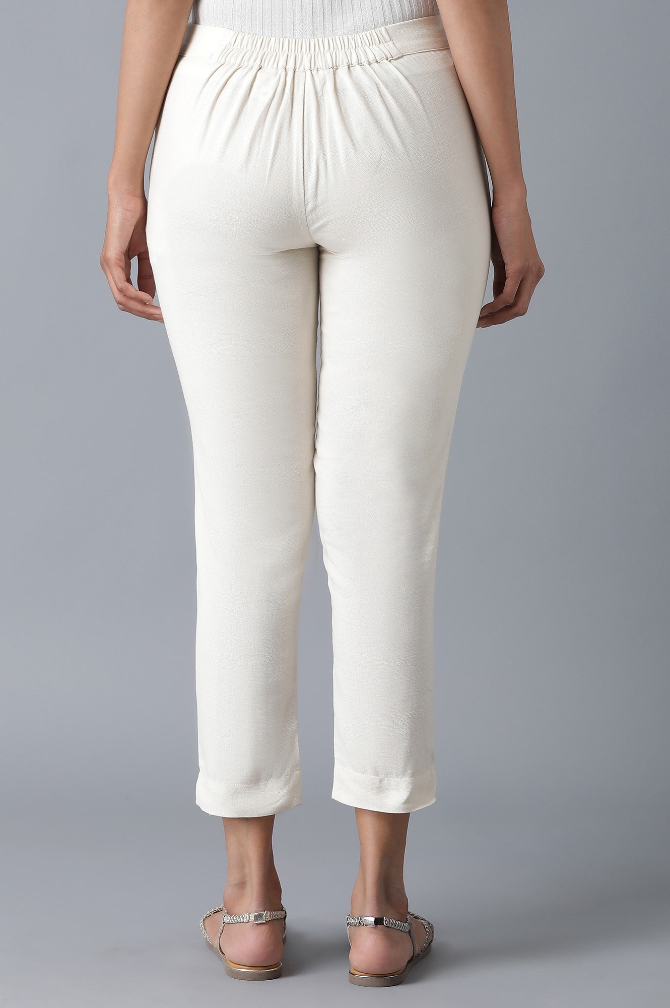 Ecru Solid Slim Pants