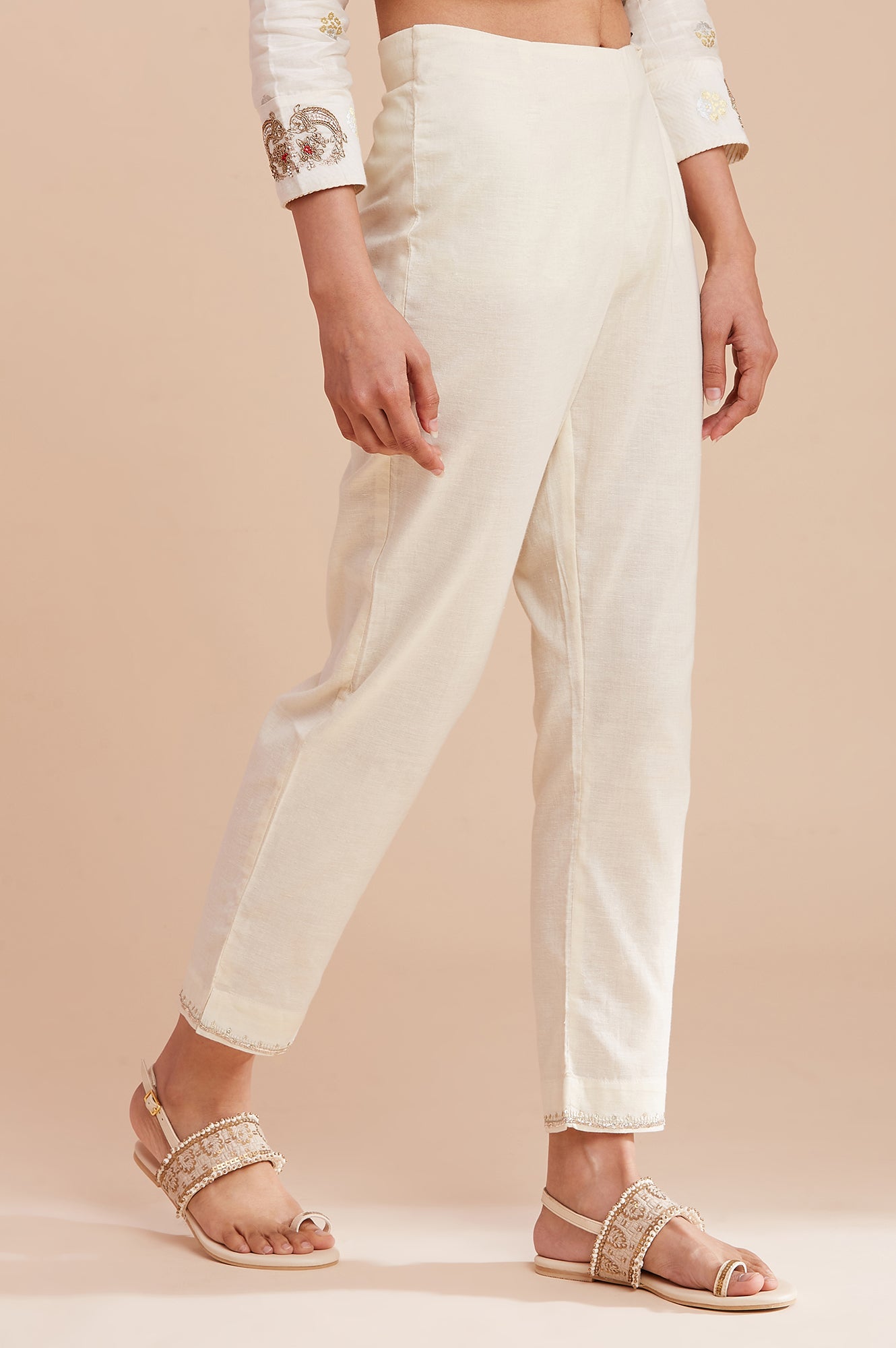 Ecru Solid Harit Khadi Slim Pants