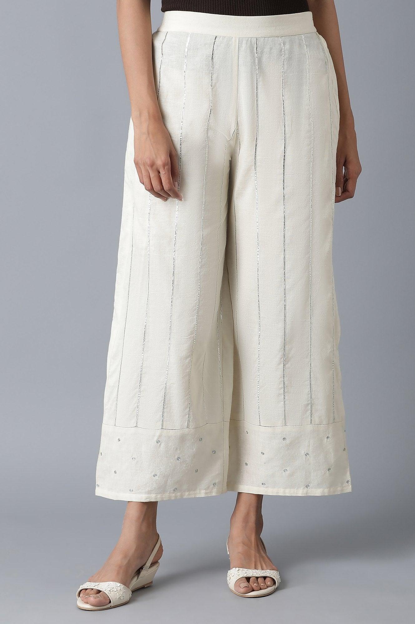 Ecru Parallel Pants with Embroidered Hem - wforwoman