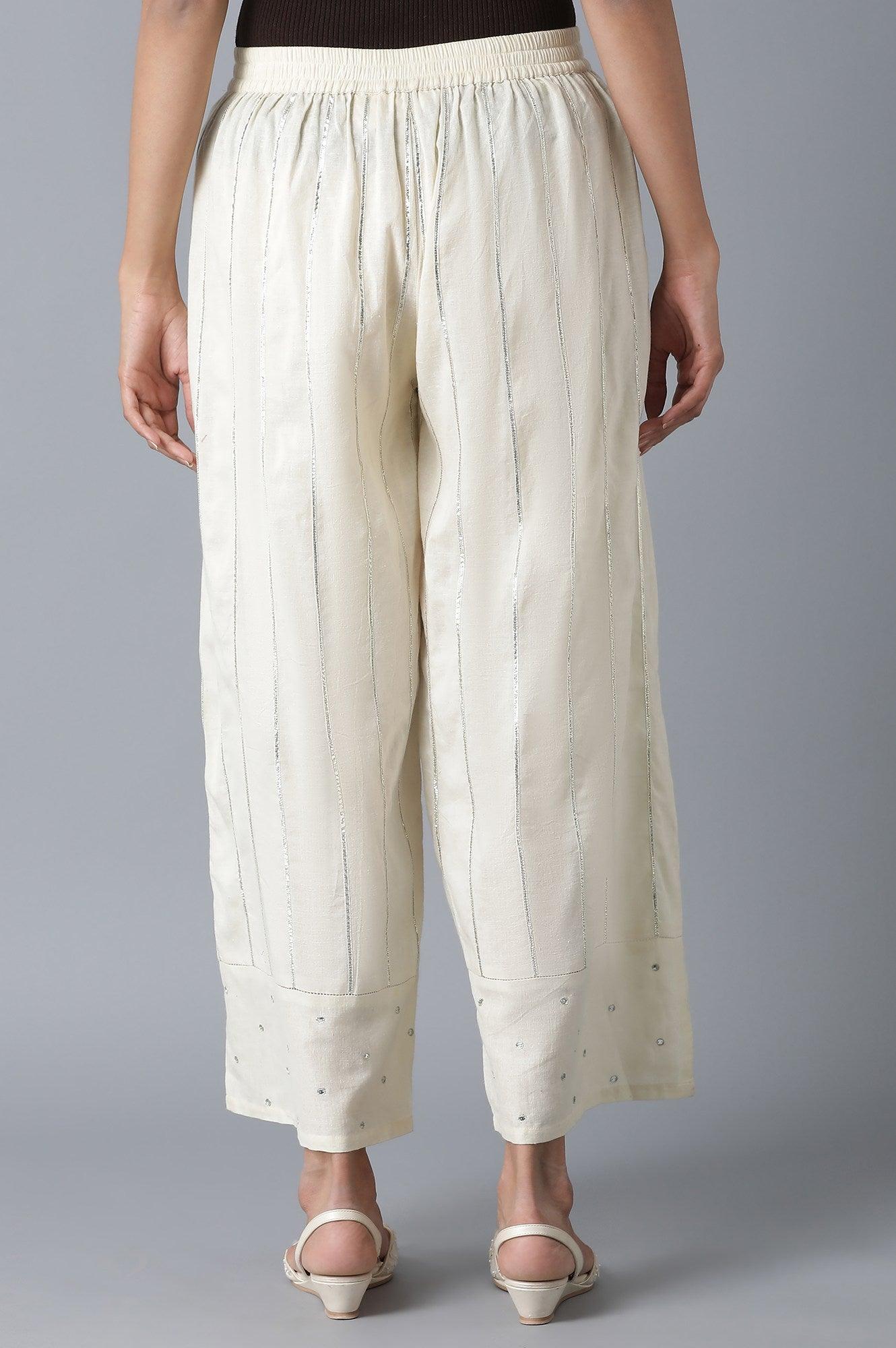 Ecru Parallel Pants with Embroidered Hem - wforwoman