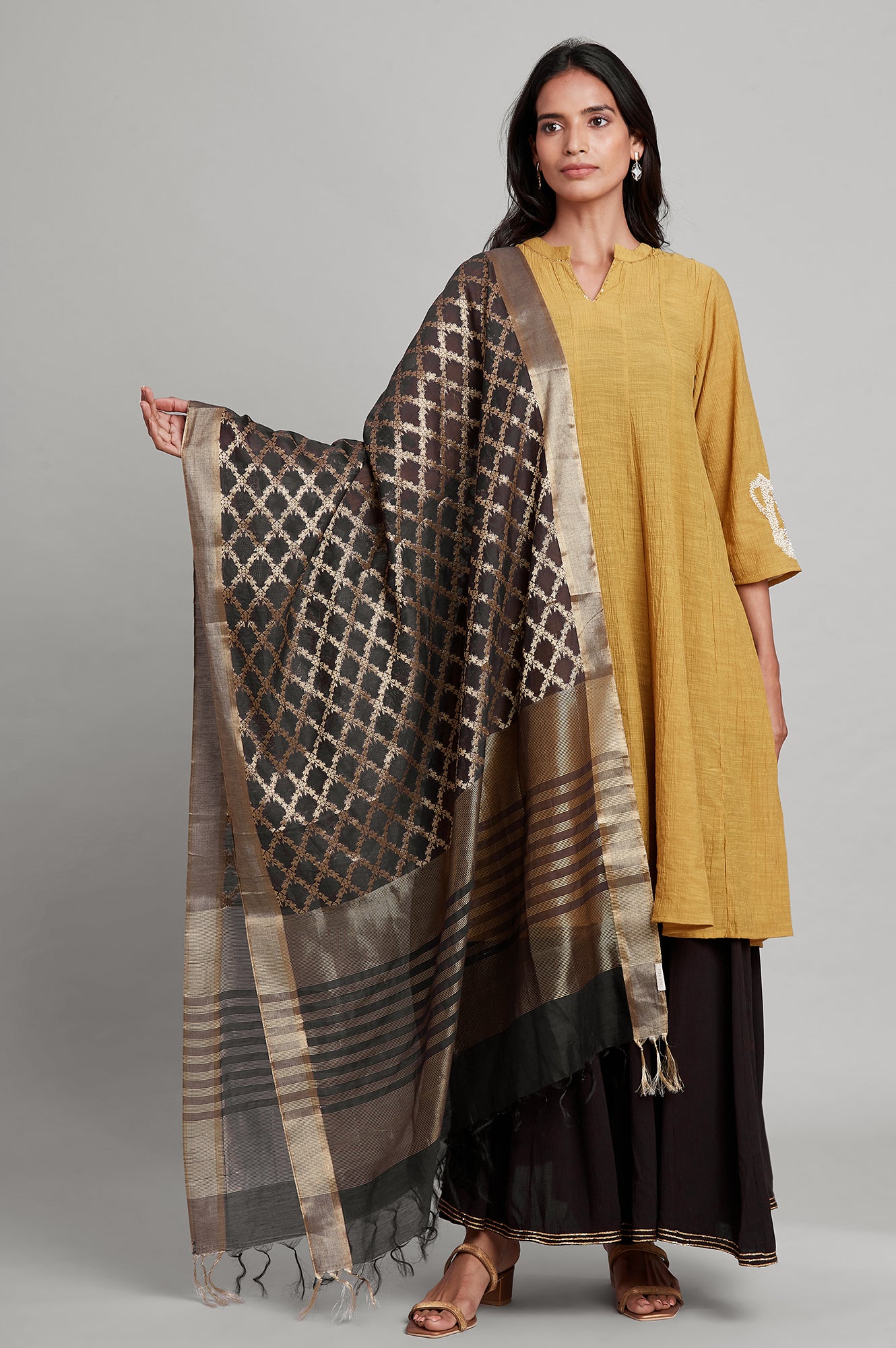 Dark Brown Chanderi Jacquard Drape