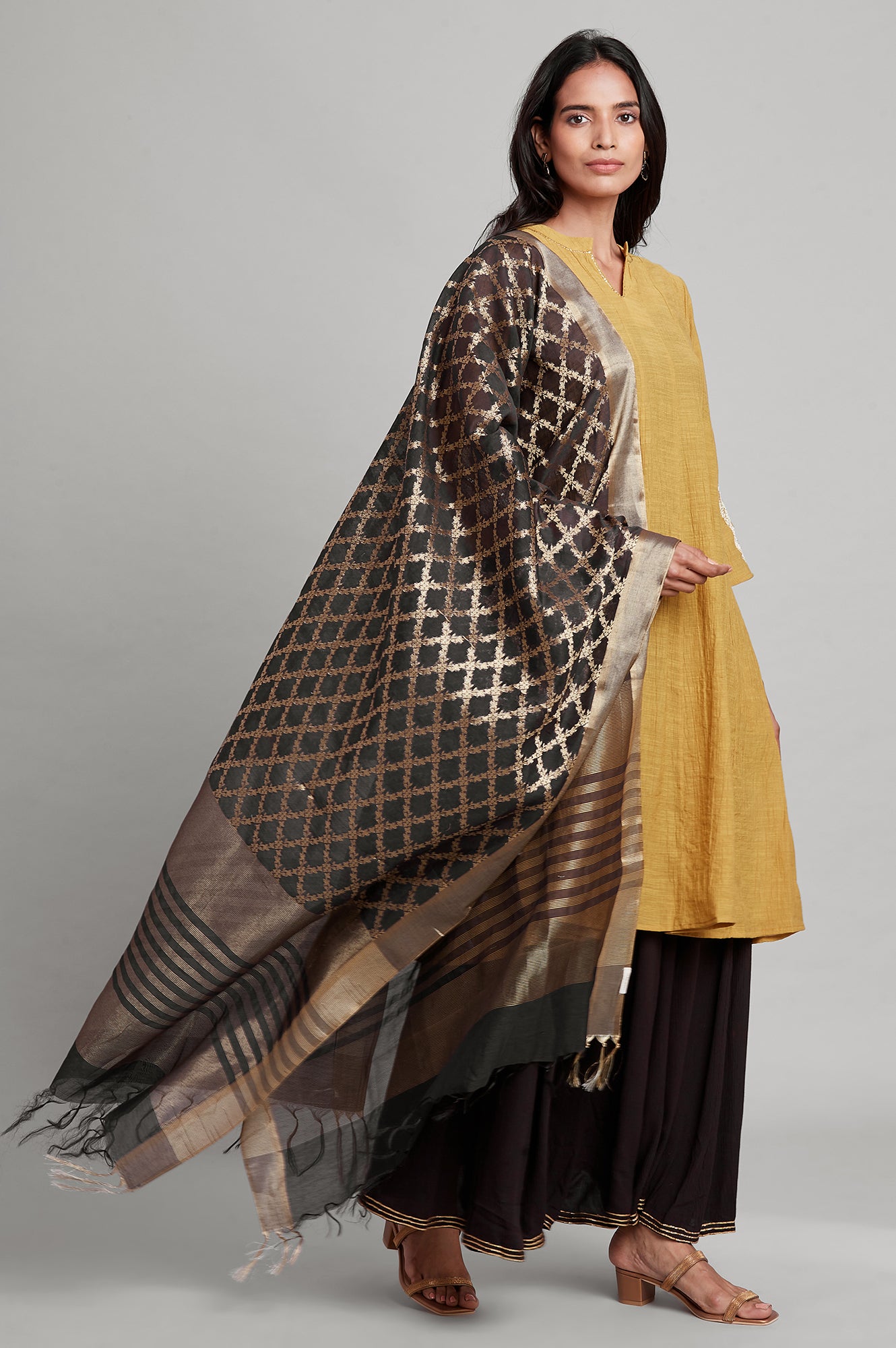 Dark Brown Chanderi Jacquard Drape