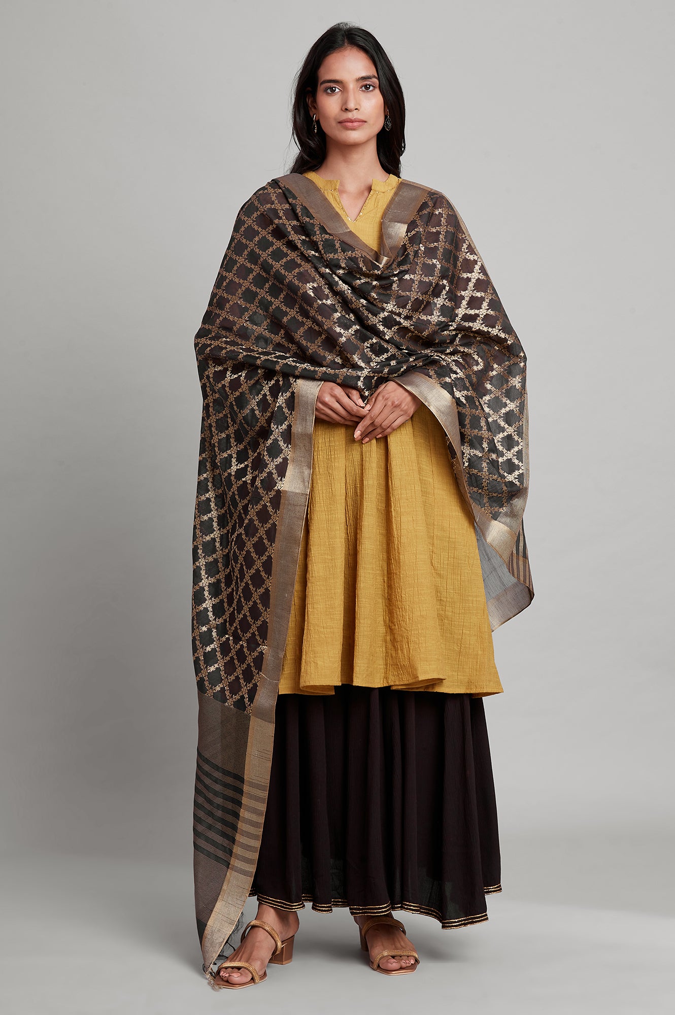 Dark Brown Chanderi Jacquard Drape