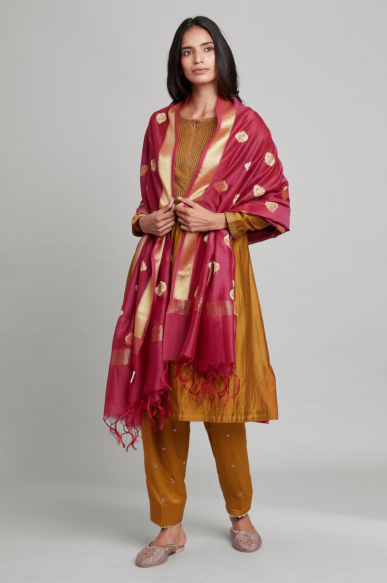 Dark Pink Chanderi Jacquard Drape