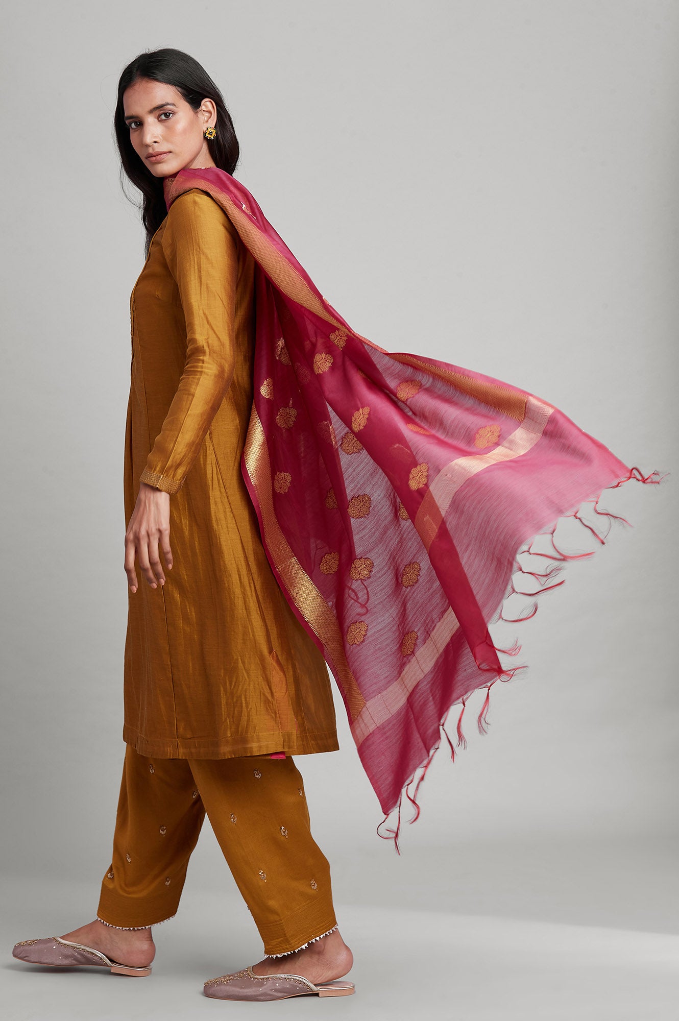 Dark Pink Chanderi Jacquard Drape