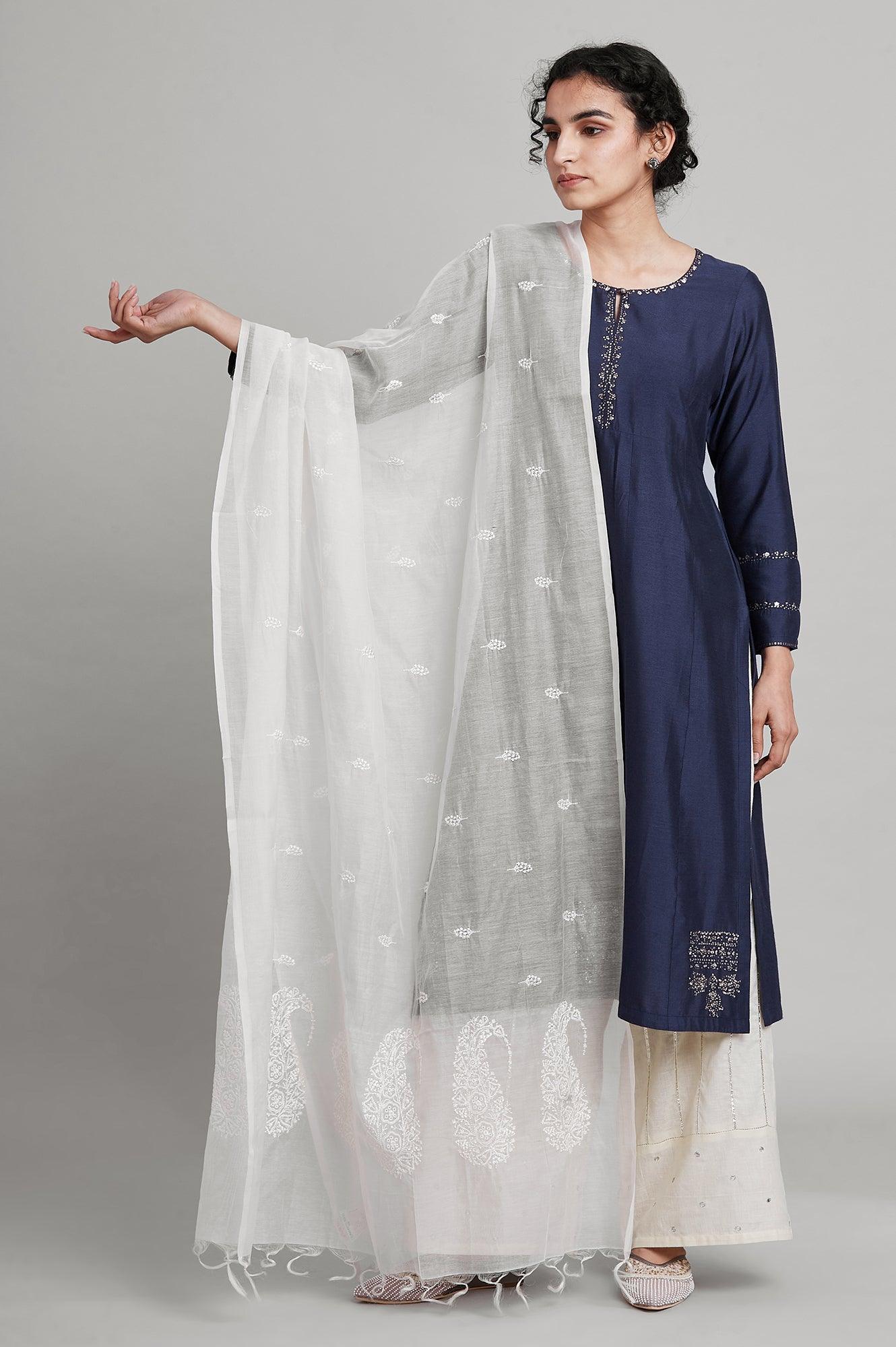 Ecru Paisley Embroidered Cotton Silk Drape - wforwoman