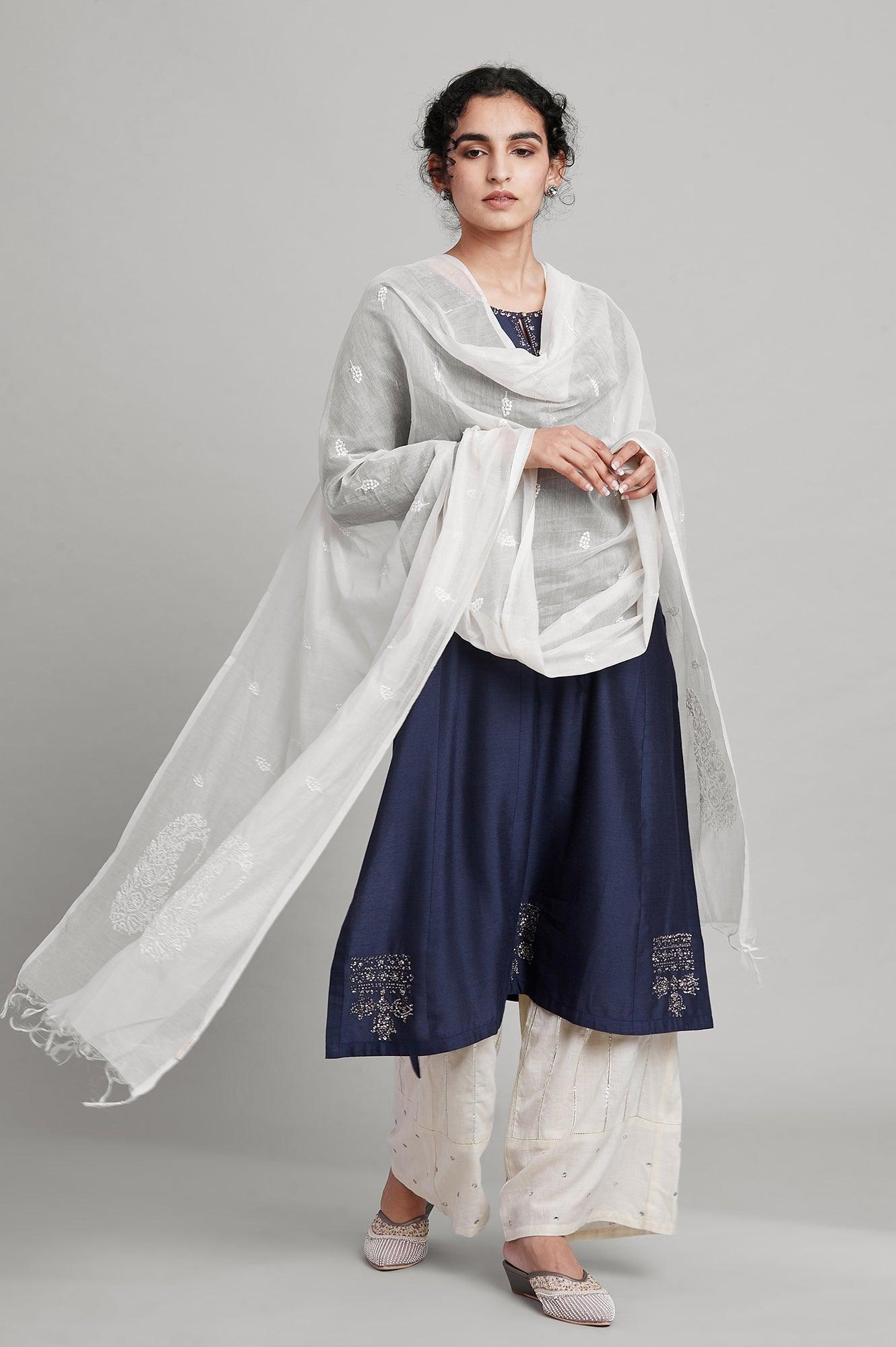 Ecru Paisley Embroidered Cotton Silk Drape - wforwoman