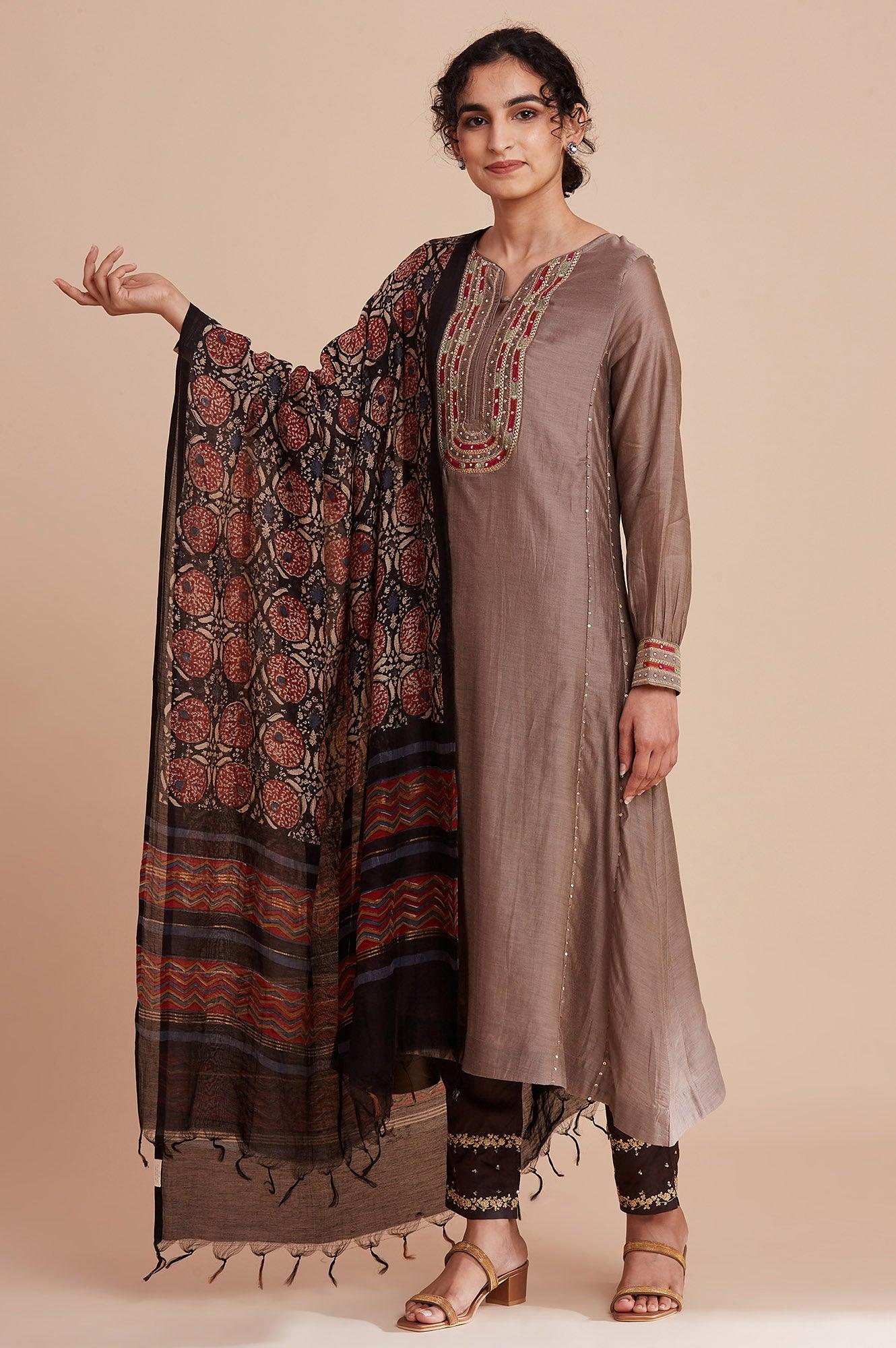 Dark Brown Block Printed Chanderi Drape - wforwoman