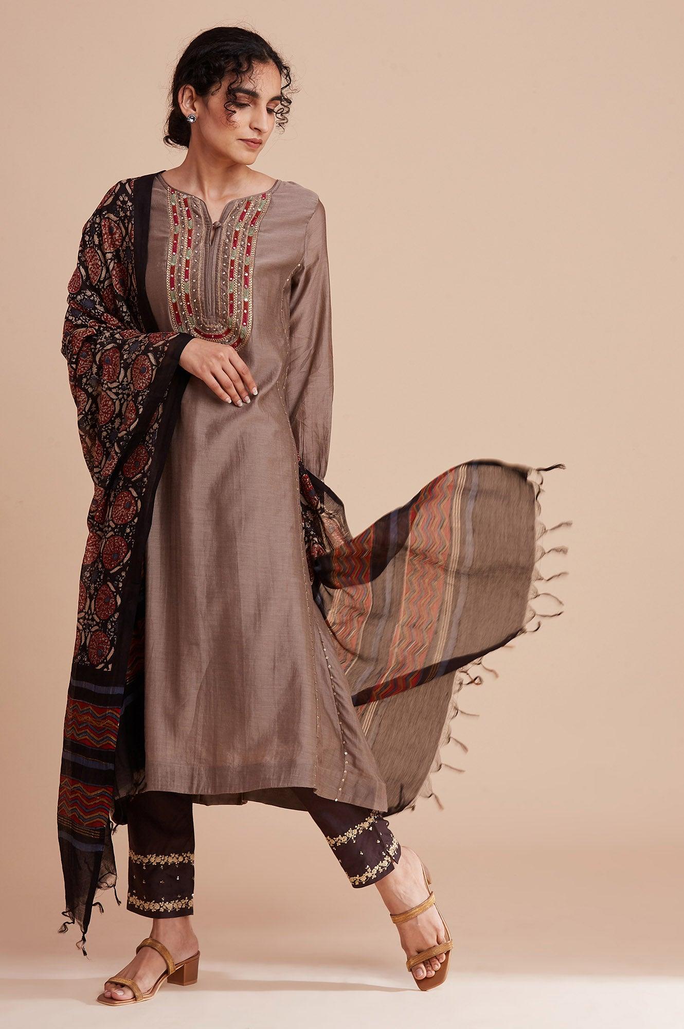 Dark Brown Block Printed Chanderi Drape - wforwoman