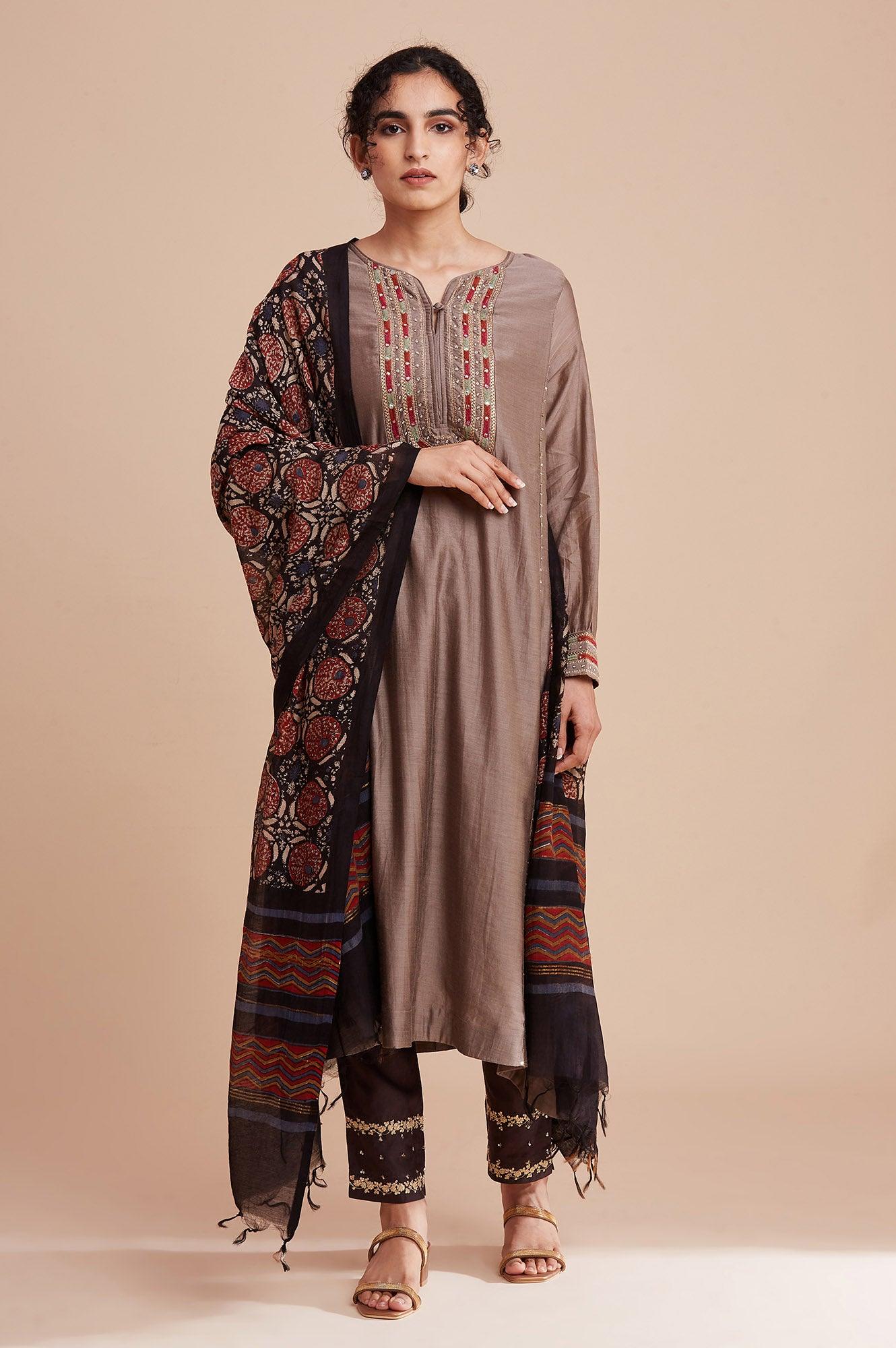 Dark Brown Block Printed Chanderi Drape - wforwoman