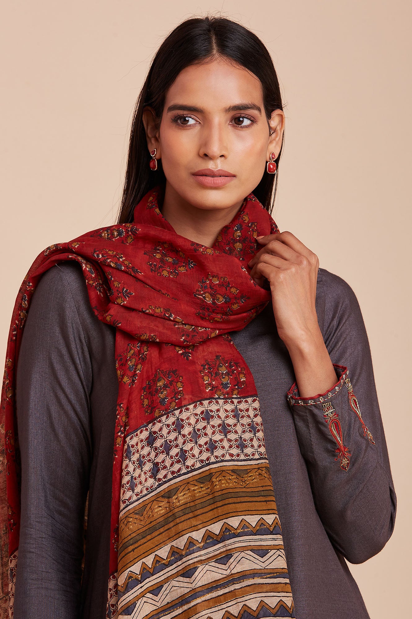 Dark Red Block Print Chanderi Drape