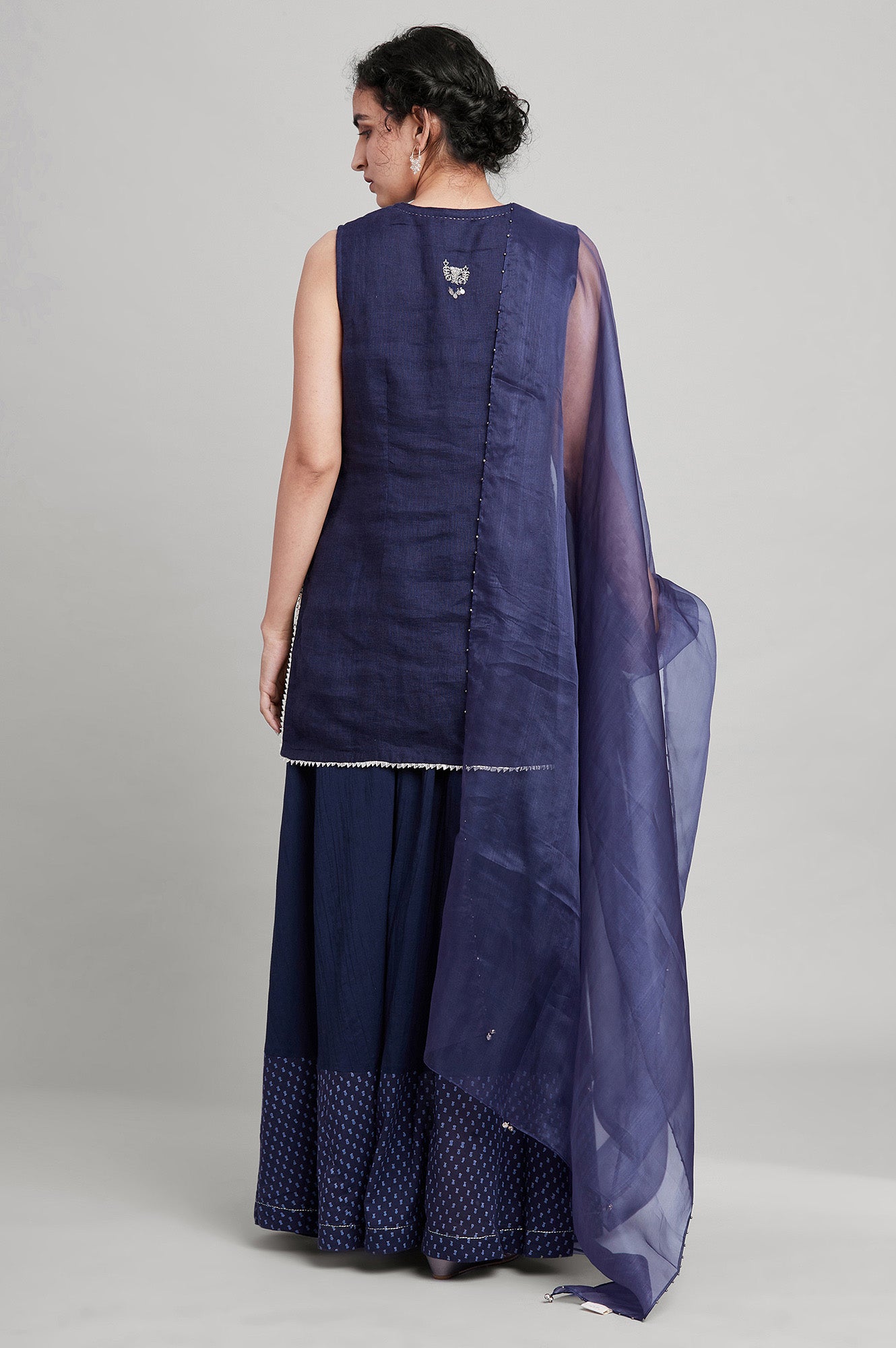 Blue Short kurta-Crinkled Skirt-Organza Drape Set