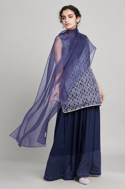 Blue Short kurta-Crinkled Skirt-Organza Drape Set