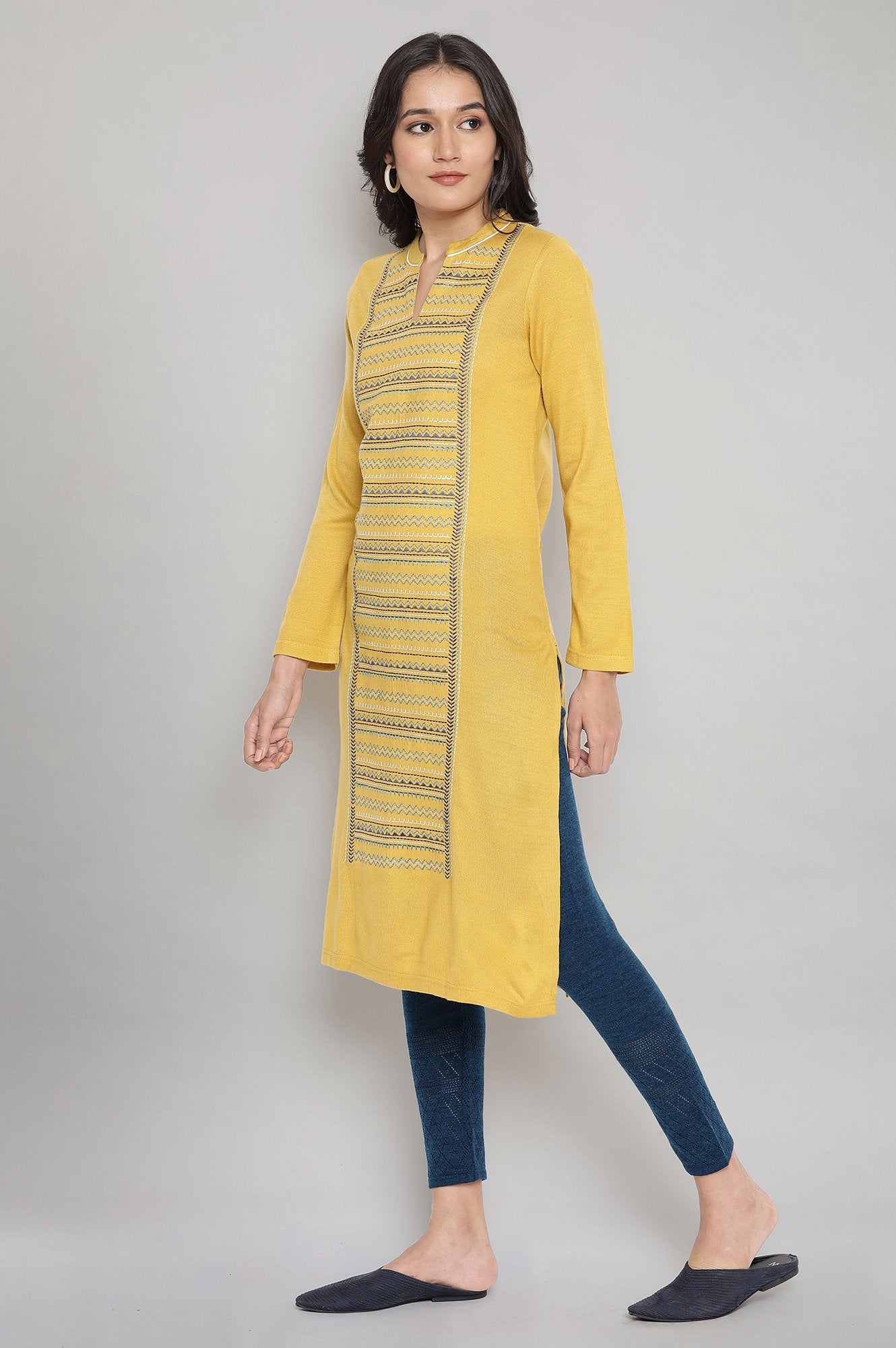 Yellow Embroidered Winter kurta