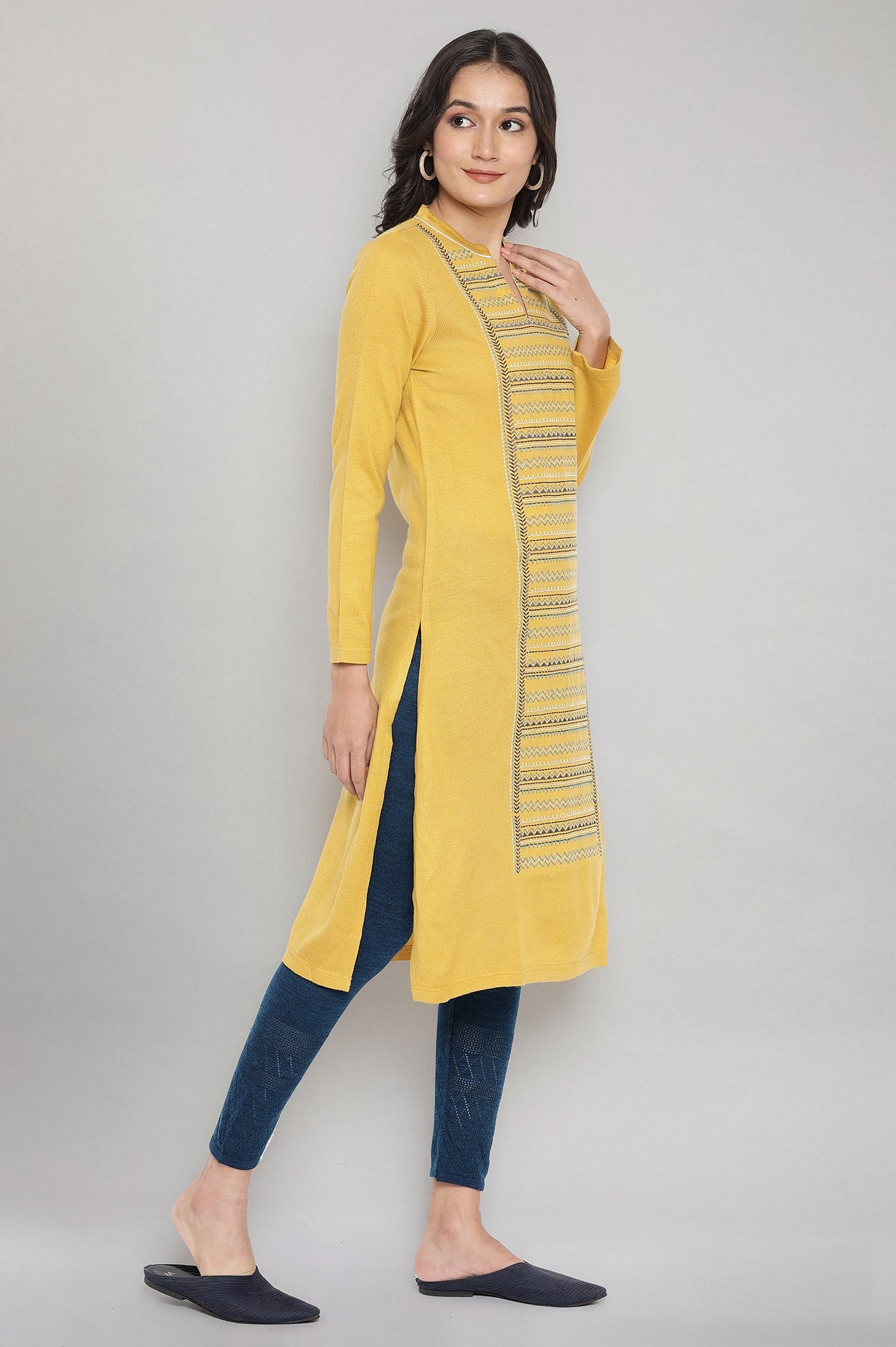 Yellow Embroidered Winter kurta