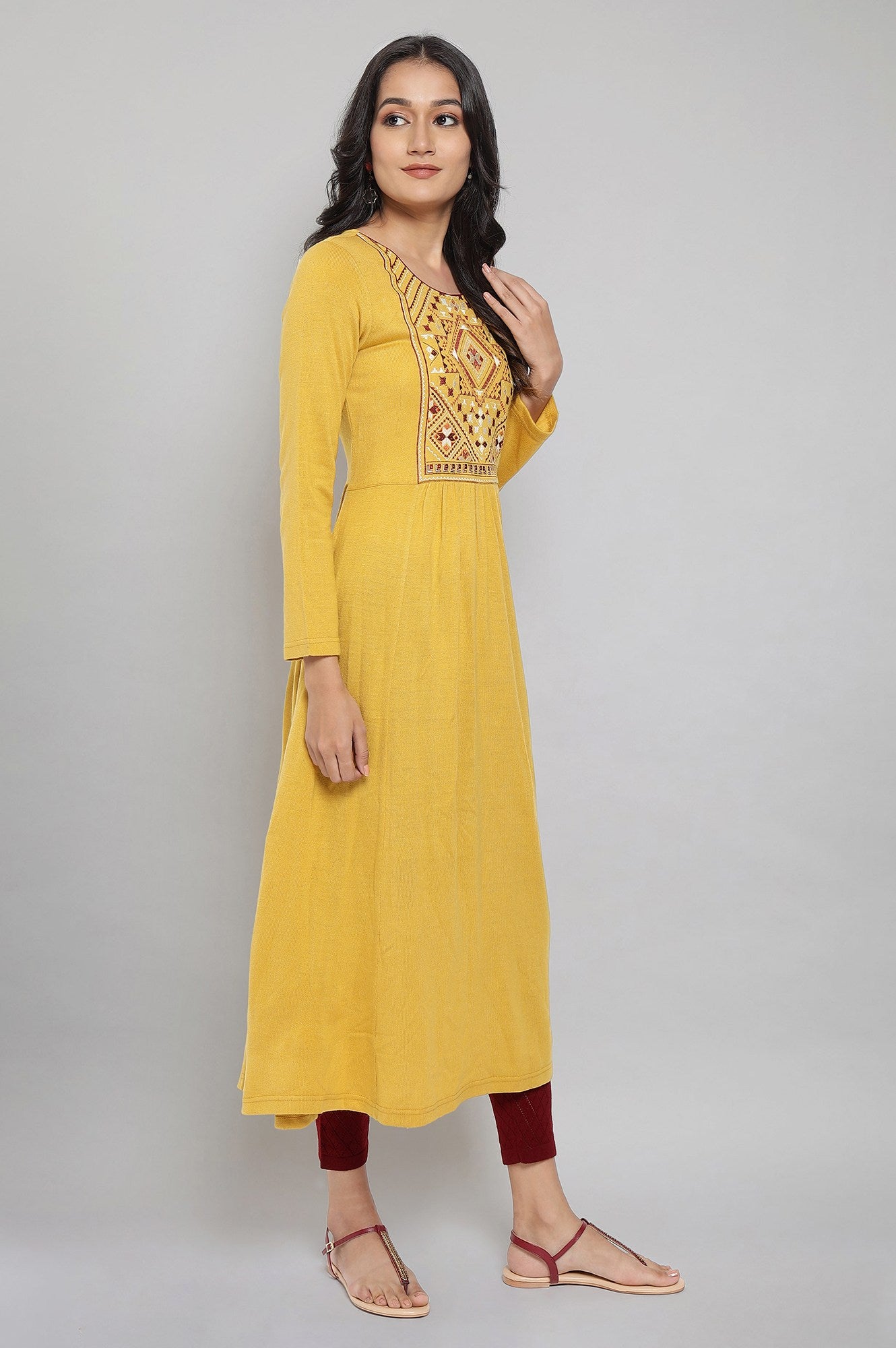 Yellow Acrylic Dress with Embroidery
