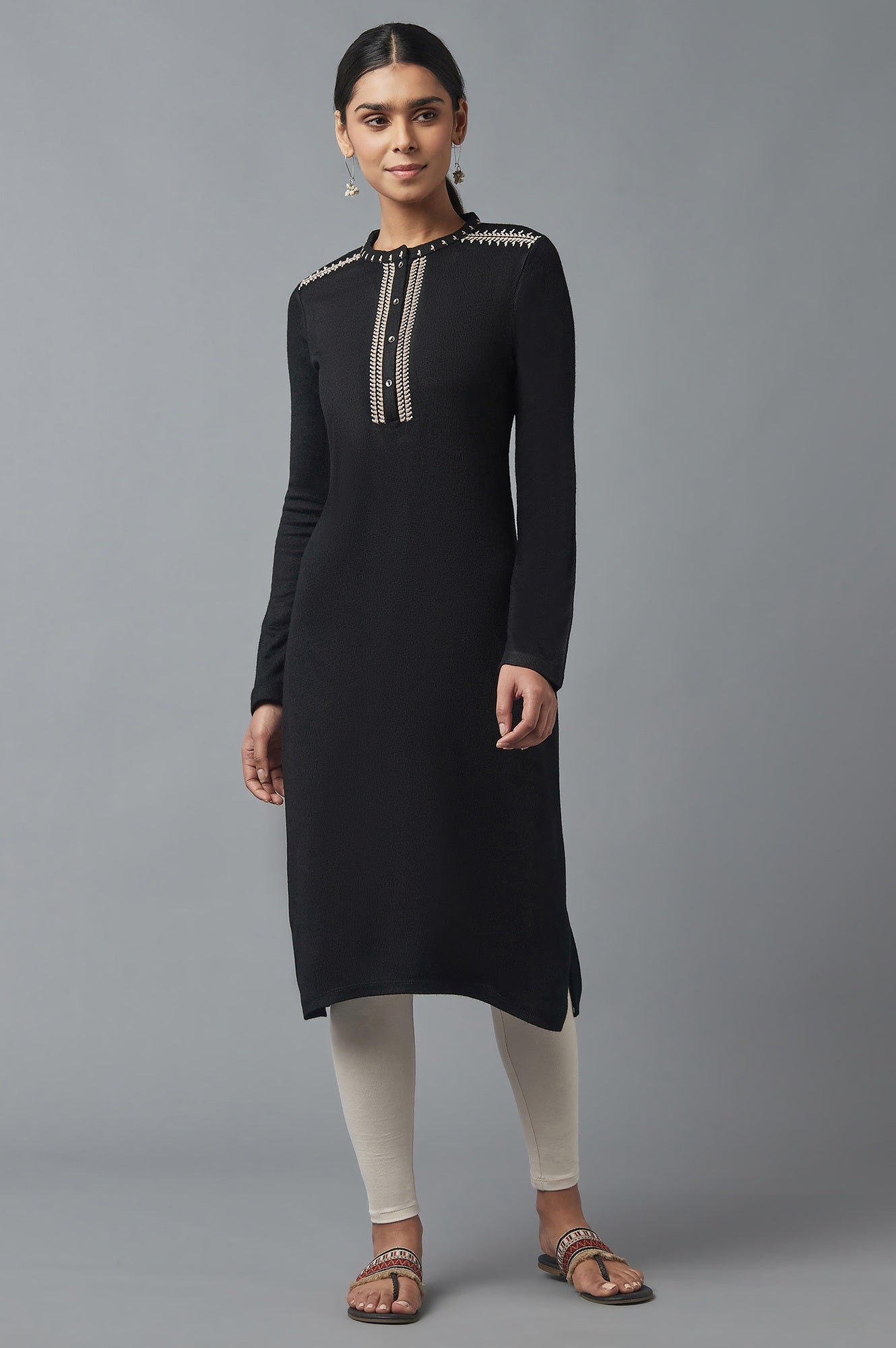 Jet Black Embroidered Winter Kurta