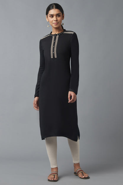 Jet Black Embroidered Winter Kurta