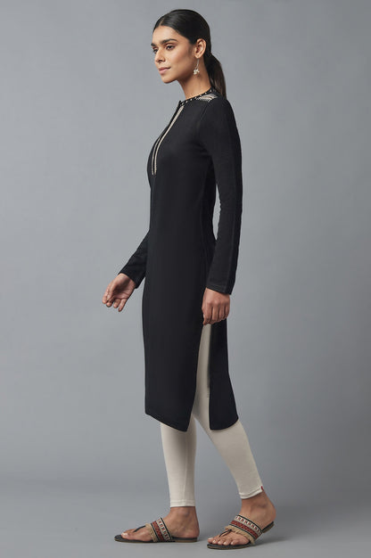 Jet Black Embroidered Winter Kurta