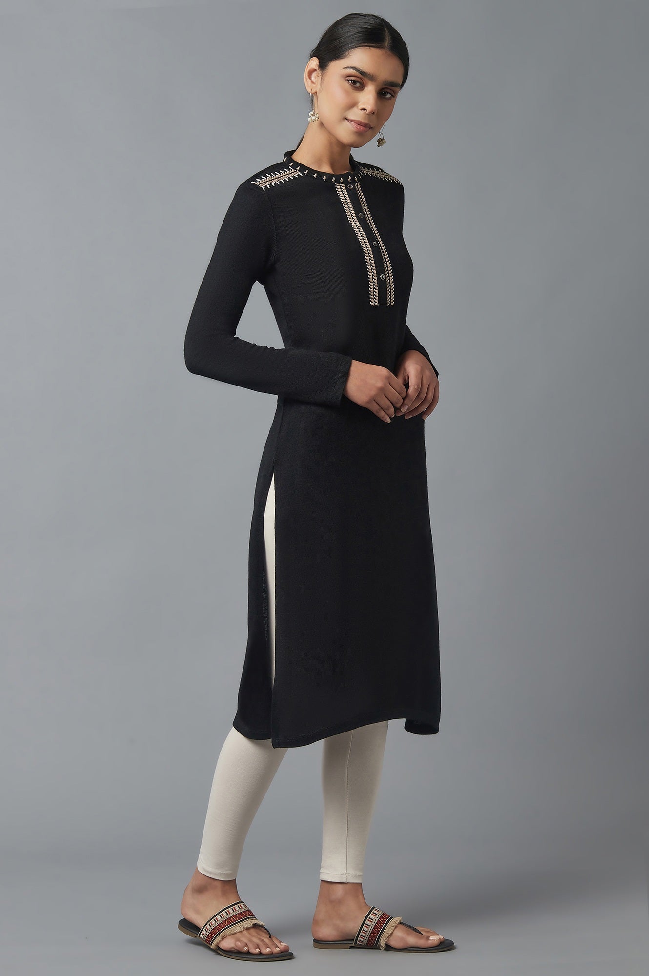 Jet Black Embroidered Winter Kurta