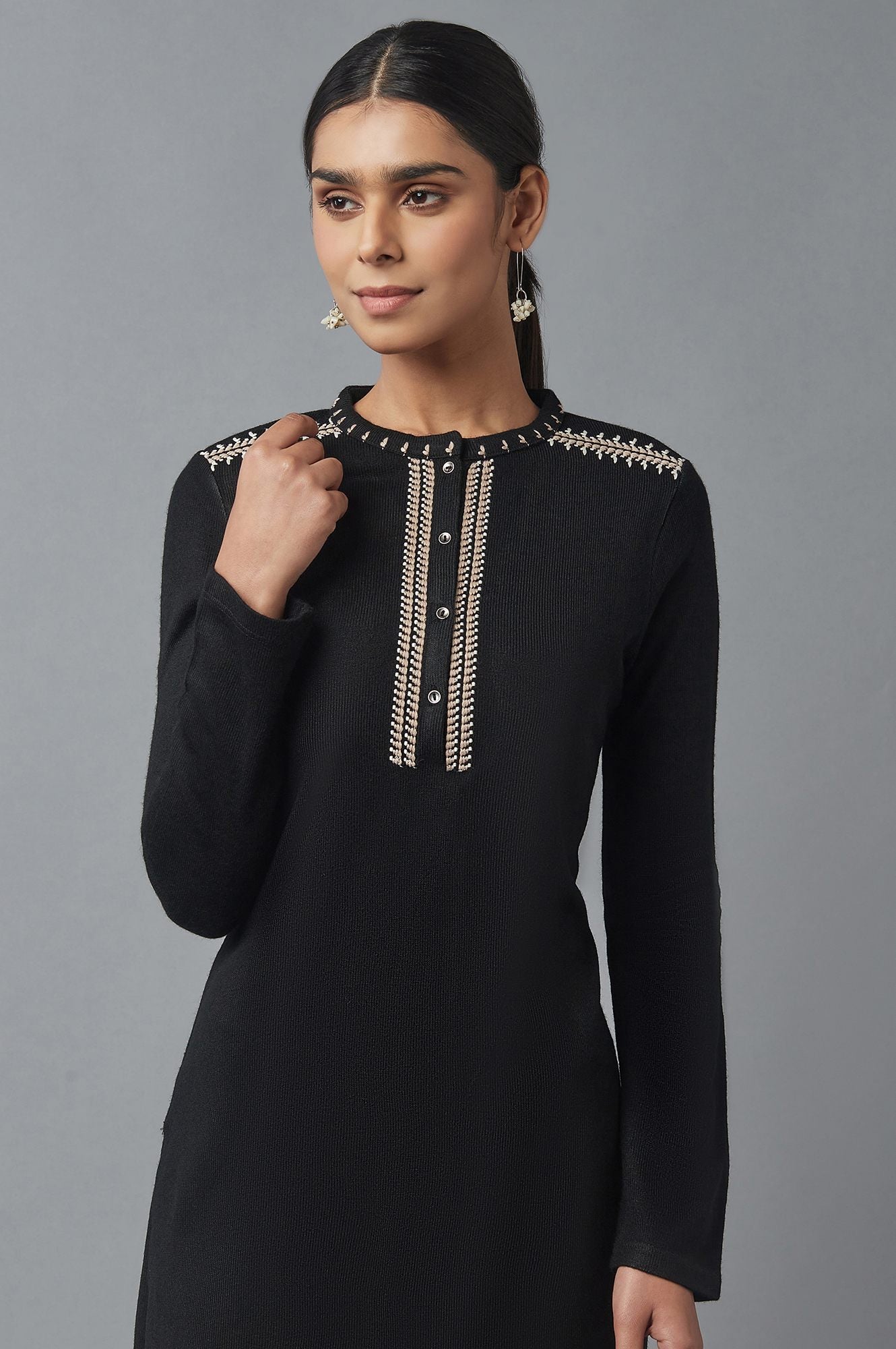 Jet Black Embroidered Winter Kurta