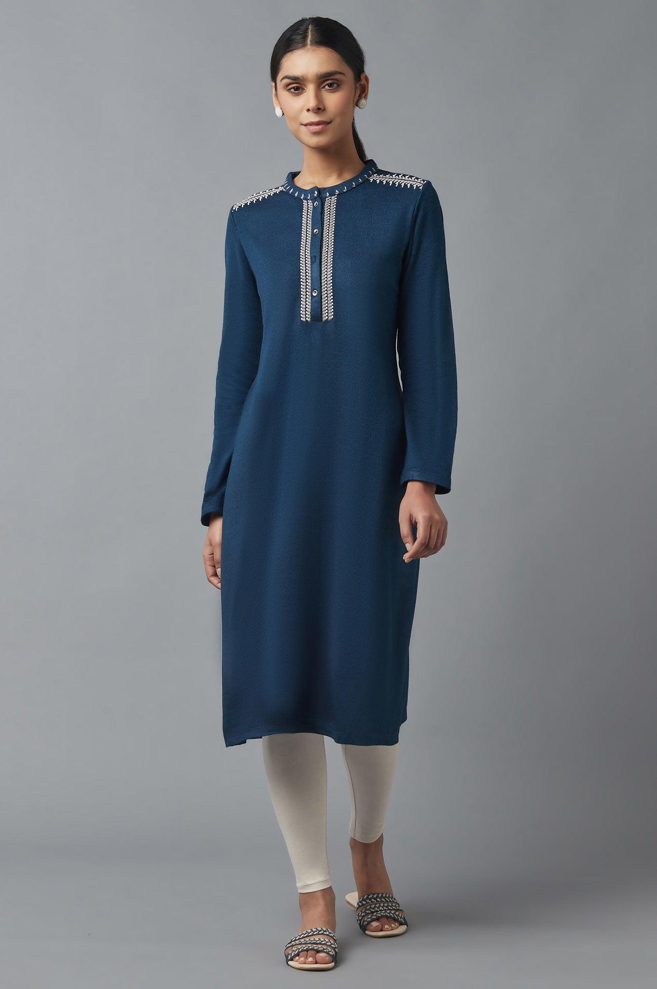 Teal Blue Embroidered Winter kurta - wforwoman