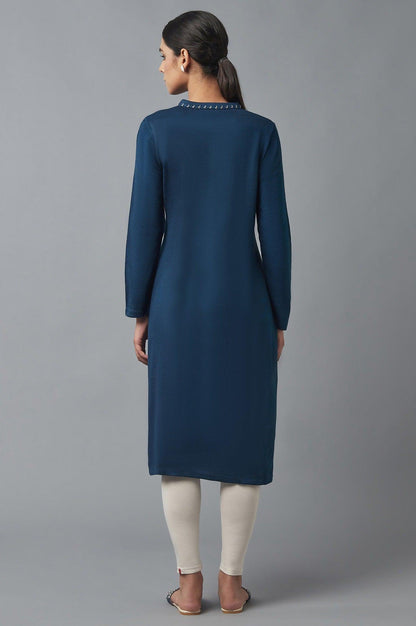 Teal Blue Embroidered Winter kurta - wforwoman