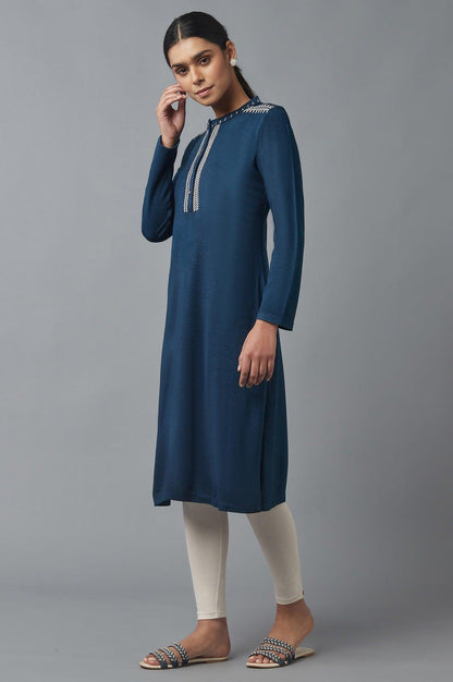 Teal Blue Embroidered Winter kurta - wforwoman