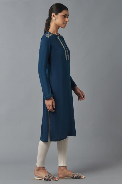 Teal Blue Embroidered Winter kurta - wforwoman