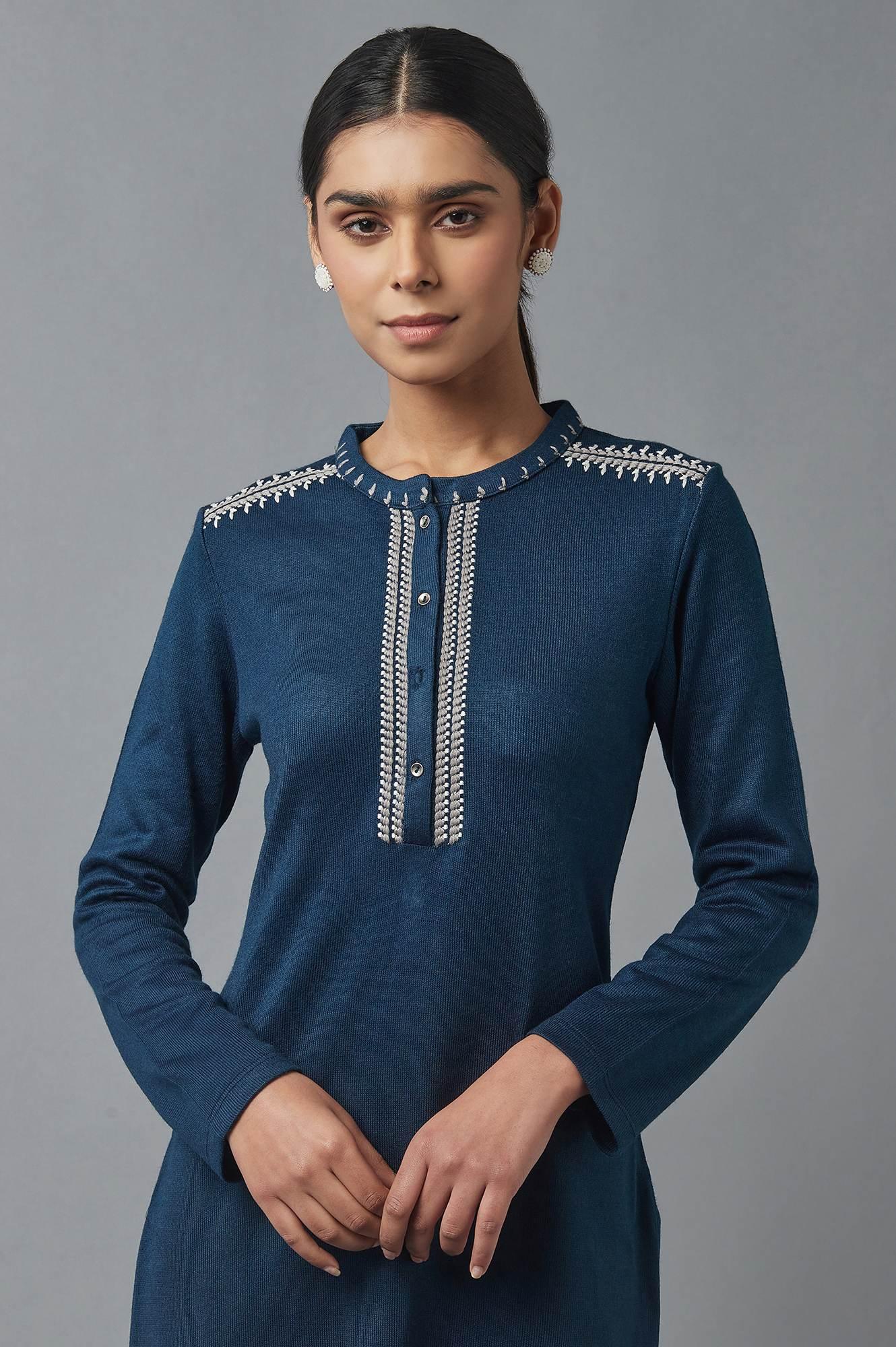 Teal Blue Embroidered Winter kurta - wforwoman