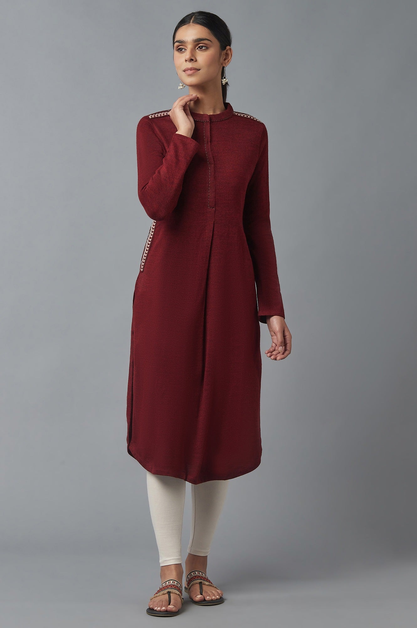 Deep Red Embroidered Winter kurta