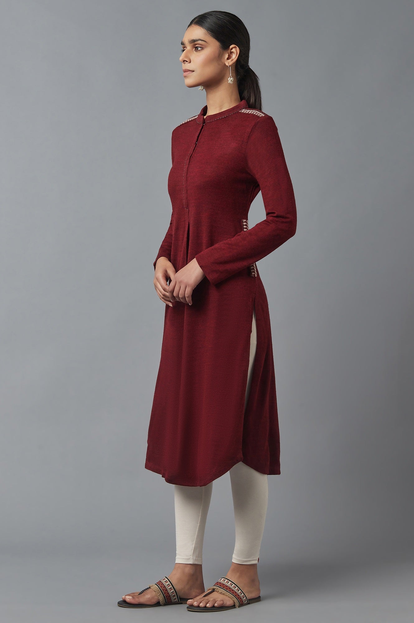 Deep Red Embroidered Winter kurta